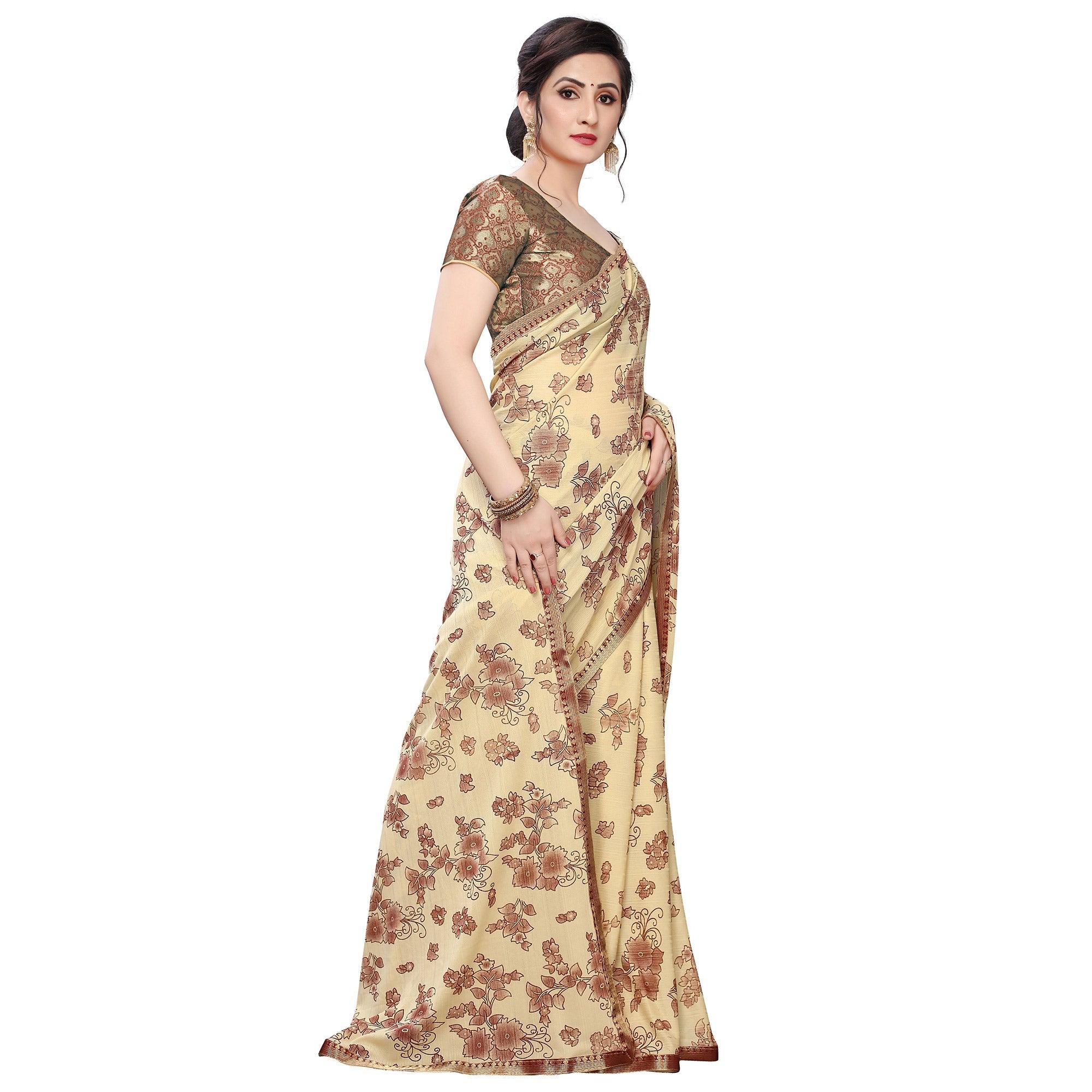 Glowing Beige Colored Casual Wear Printed Art Silk Saree - Peachmode