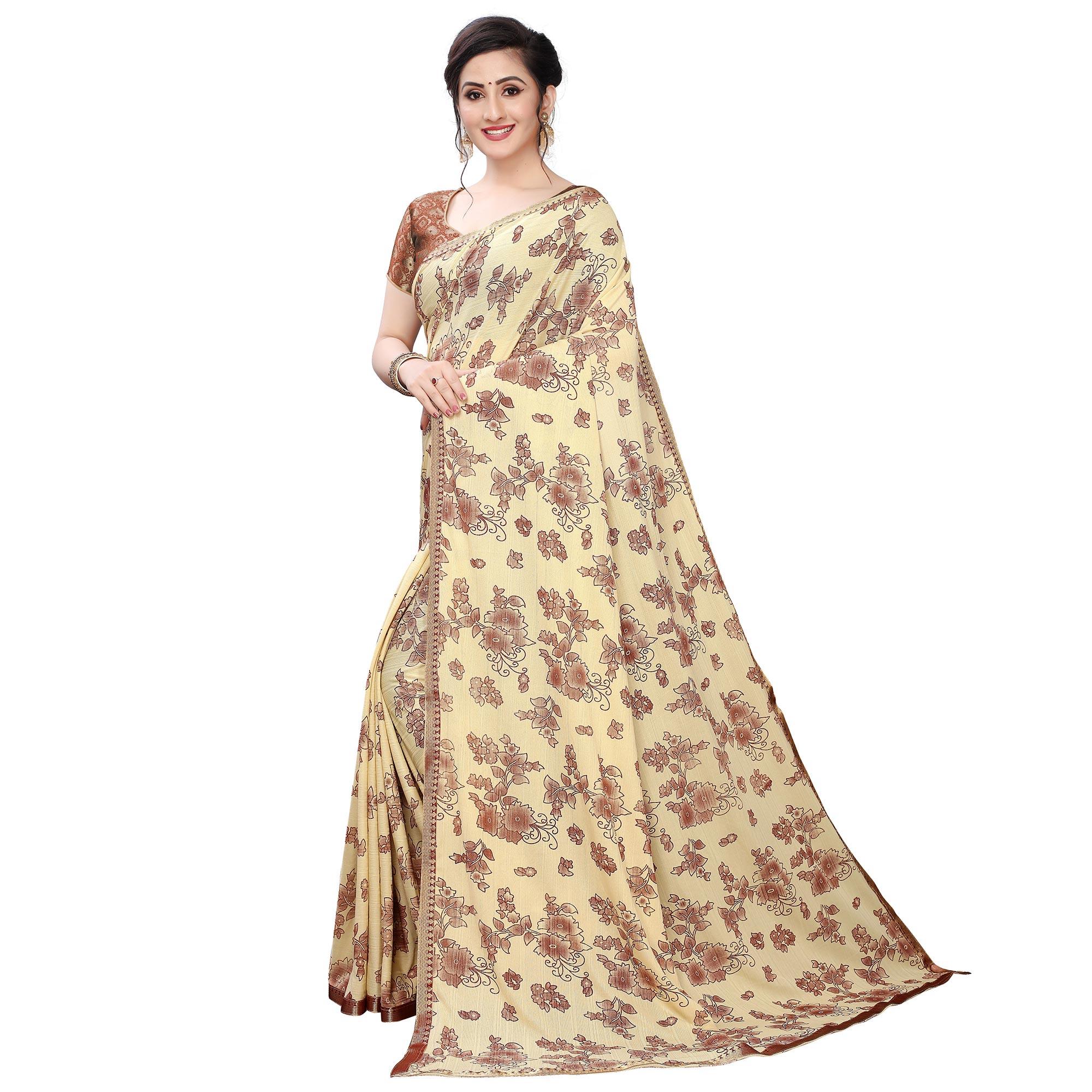 Glowing Beige Colored Casual Wear Printed Art Silk Saree - Peachmode