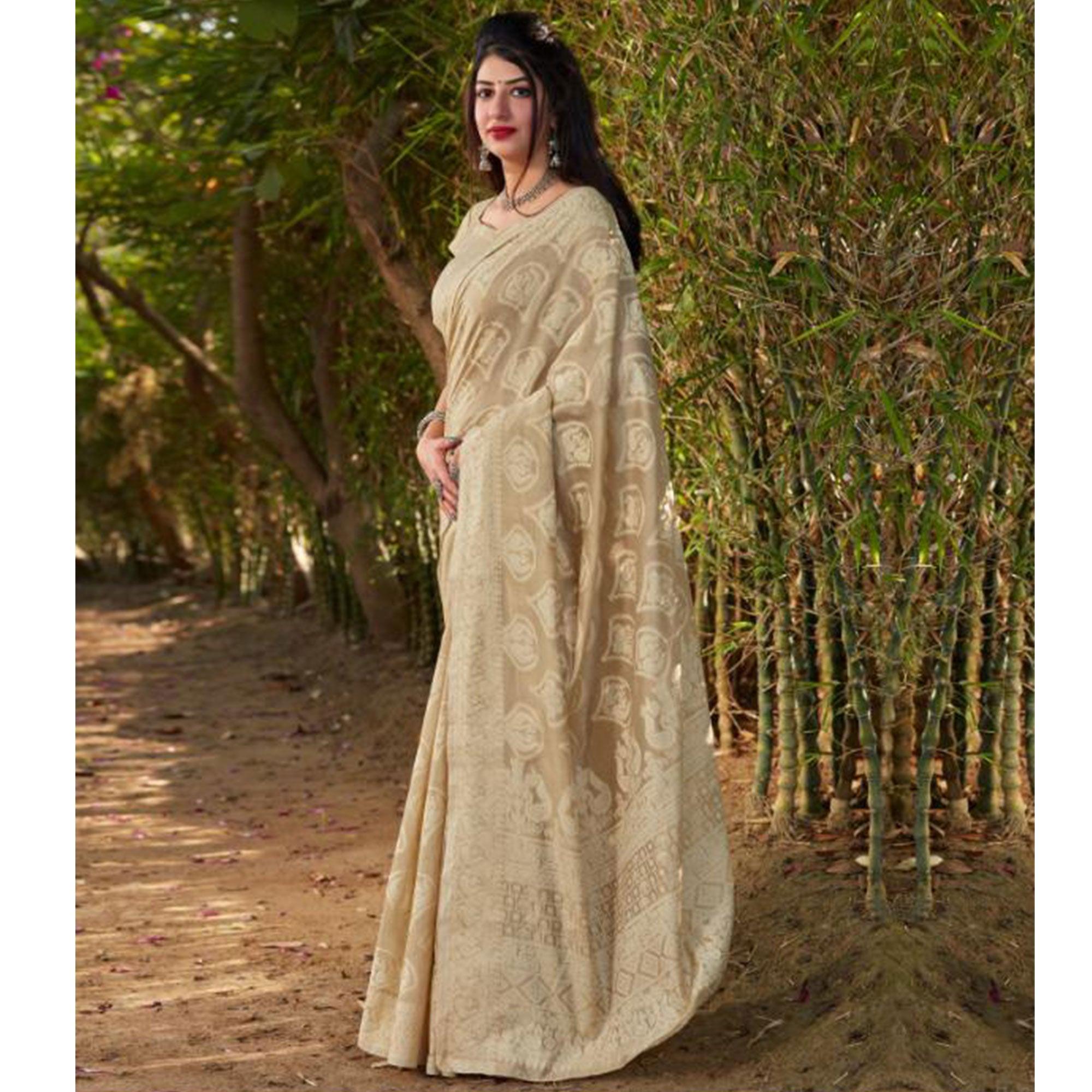 Glowing Beige Coloured Casual Wear Printed Cotton Silk - Peachmode