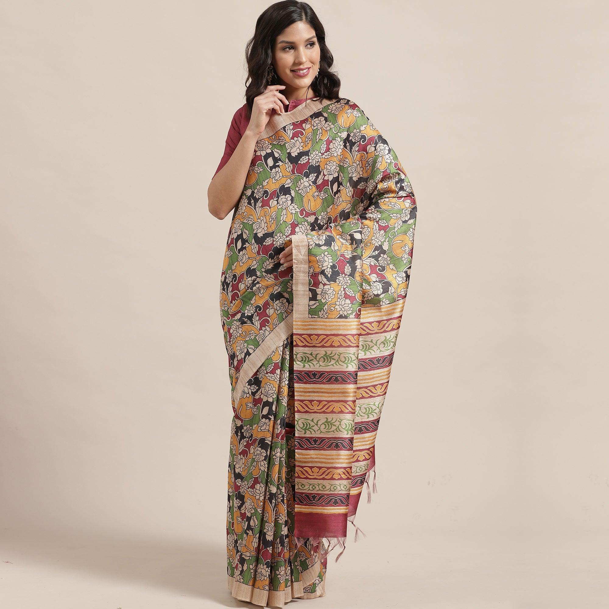 Glowing Beige-Multi Colored Casual Wear Floral Printed Silk Blend Saree With Tassels - Peachmode