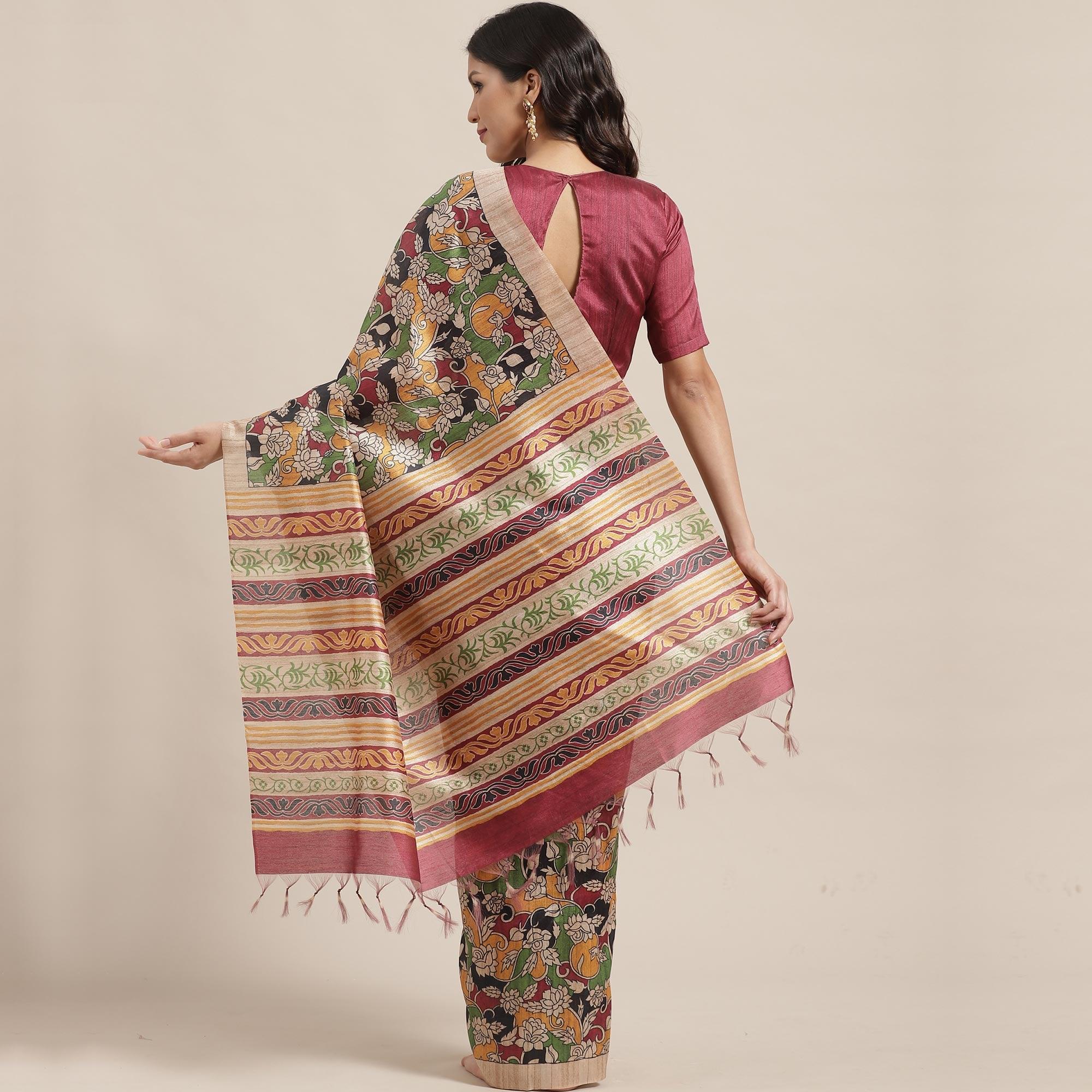 Glowing Beige-Multi Colored Casual Wear Floral Printed Silk Blend Saree With Tassels - Peachmode