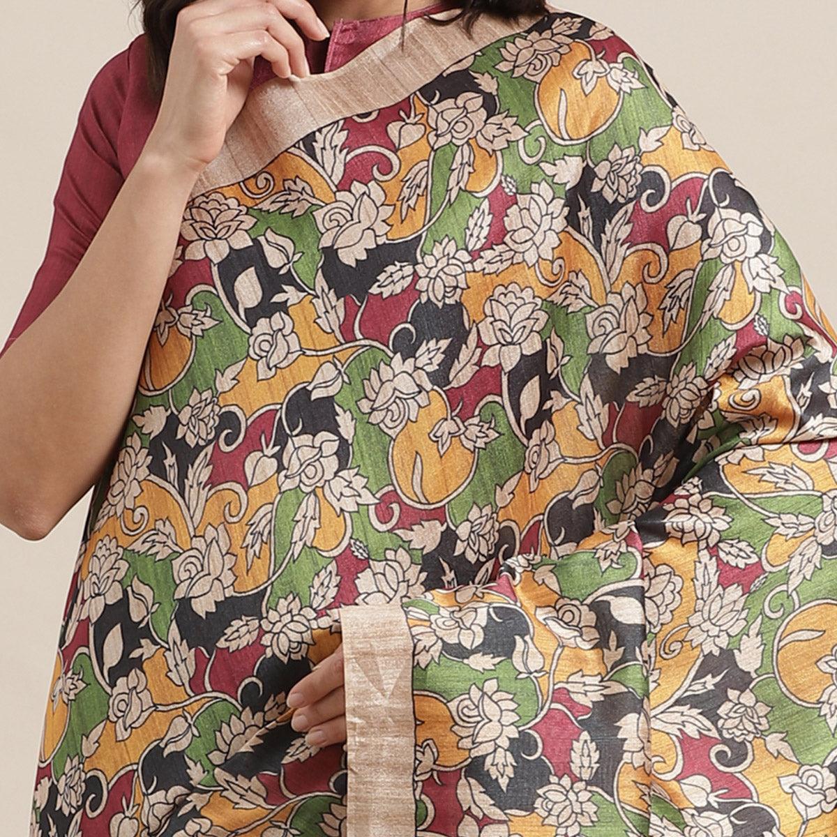 Glowing Beige-Multi Colored Casual Wear Floral Printed Silk Blend Saree With Tassels - Peachmode