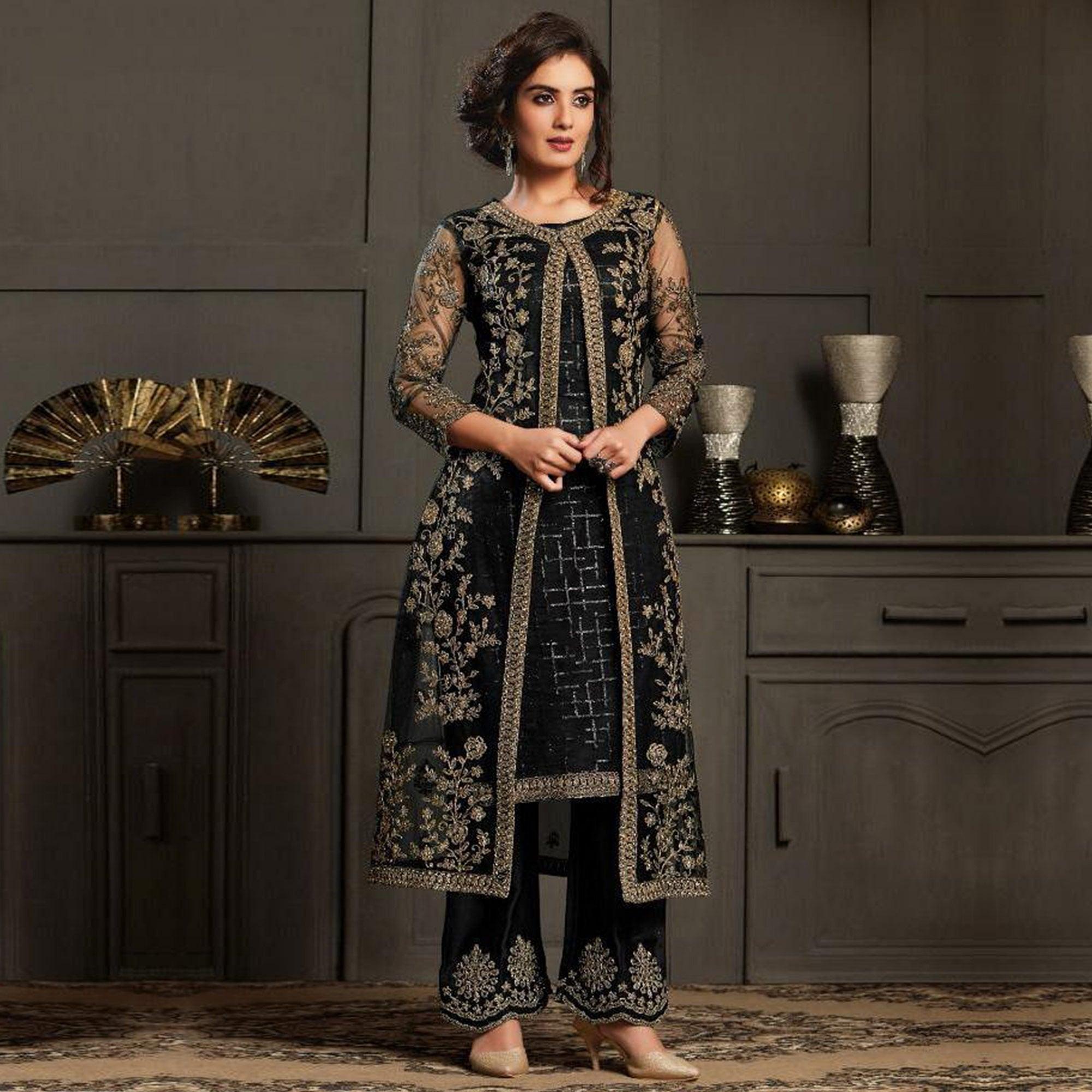 Glowing Black Coloured Party Wear Floral Embroidered Butterfly Net Pakistani Straight Suit - Peachmode