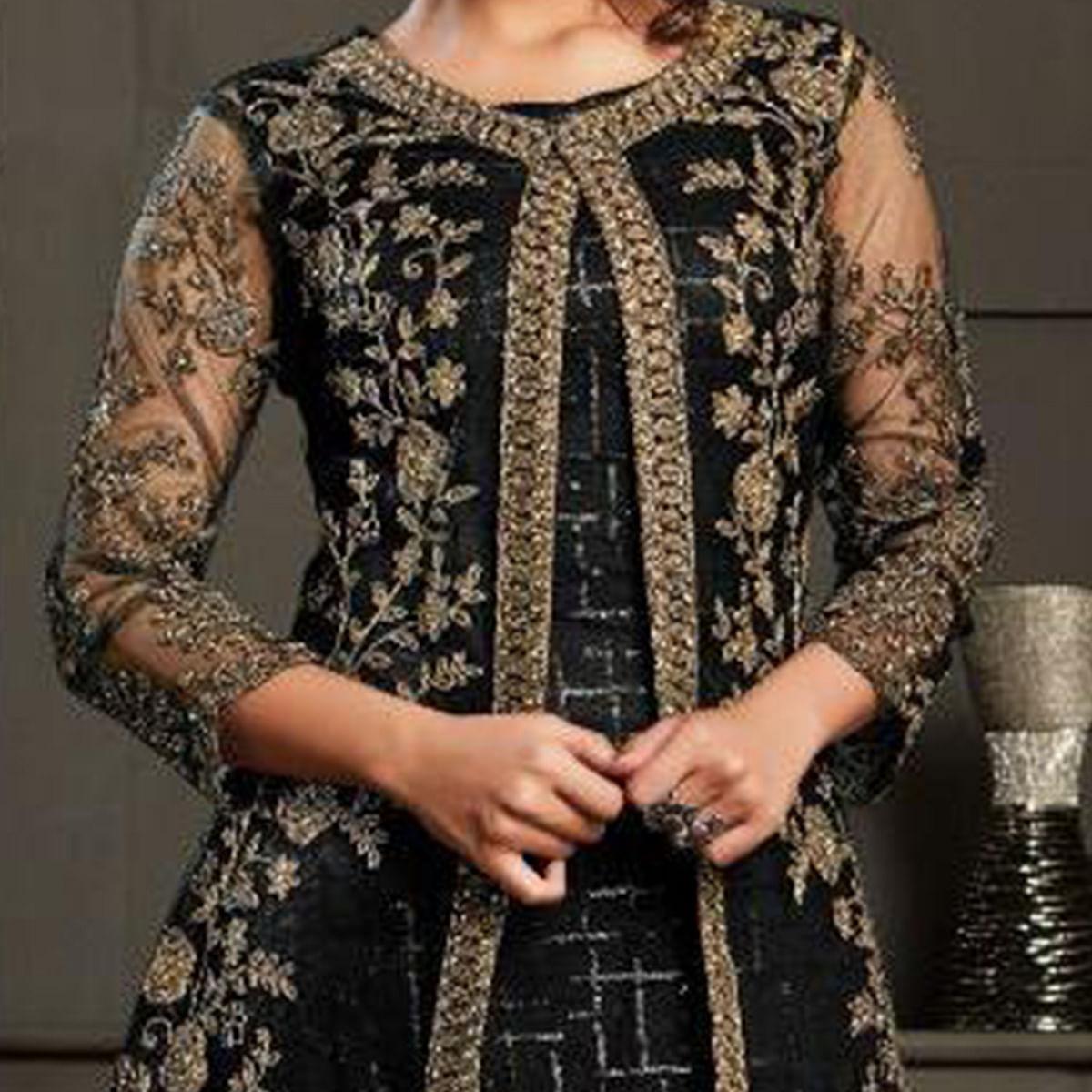 Glowing Black Coloured Party Wear Floral Embroidered Butterfly Net Pakistani Straight Suit - Peachmode