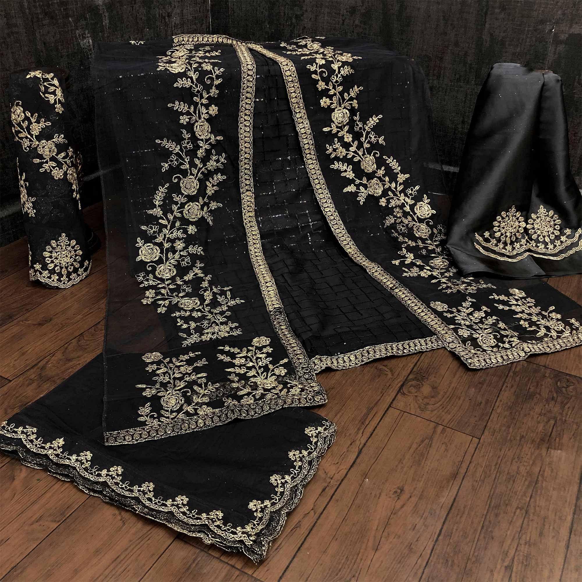 Glowing Black Coloured Party Wear Floral Embroidered Butterfly Net Pakistani Straight Suit - Peachmode
