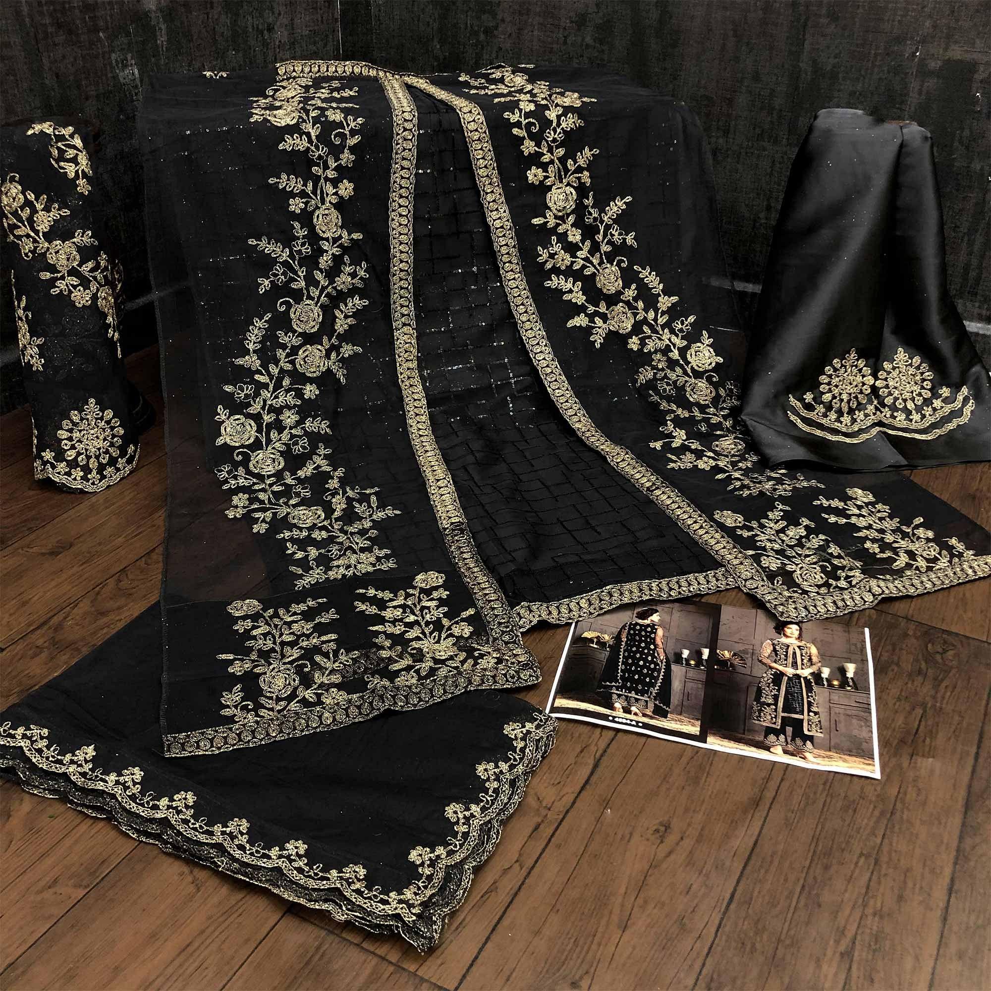 Glowing Black Coloured Party Wear Floral Embroidered Butterfly Net Pakistani Straight Suit - Peachmode