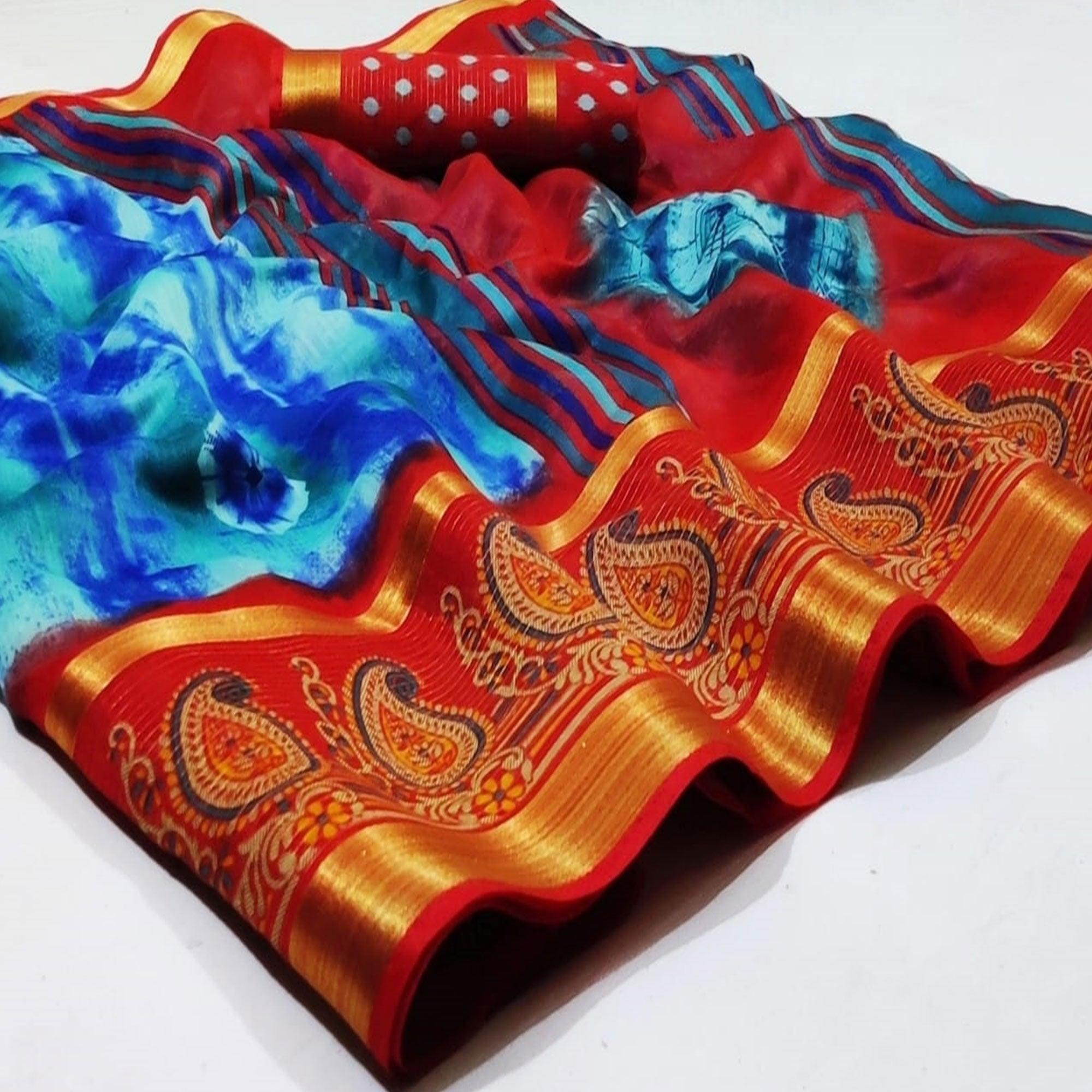 Glowing Blue Colored Casual Wear Printed Cotton Saree - Peachmode
