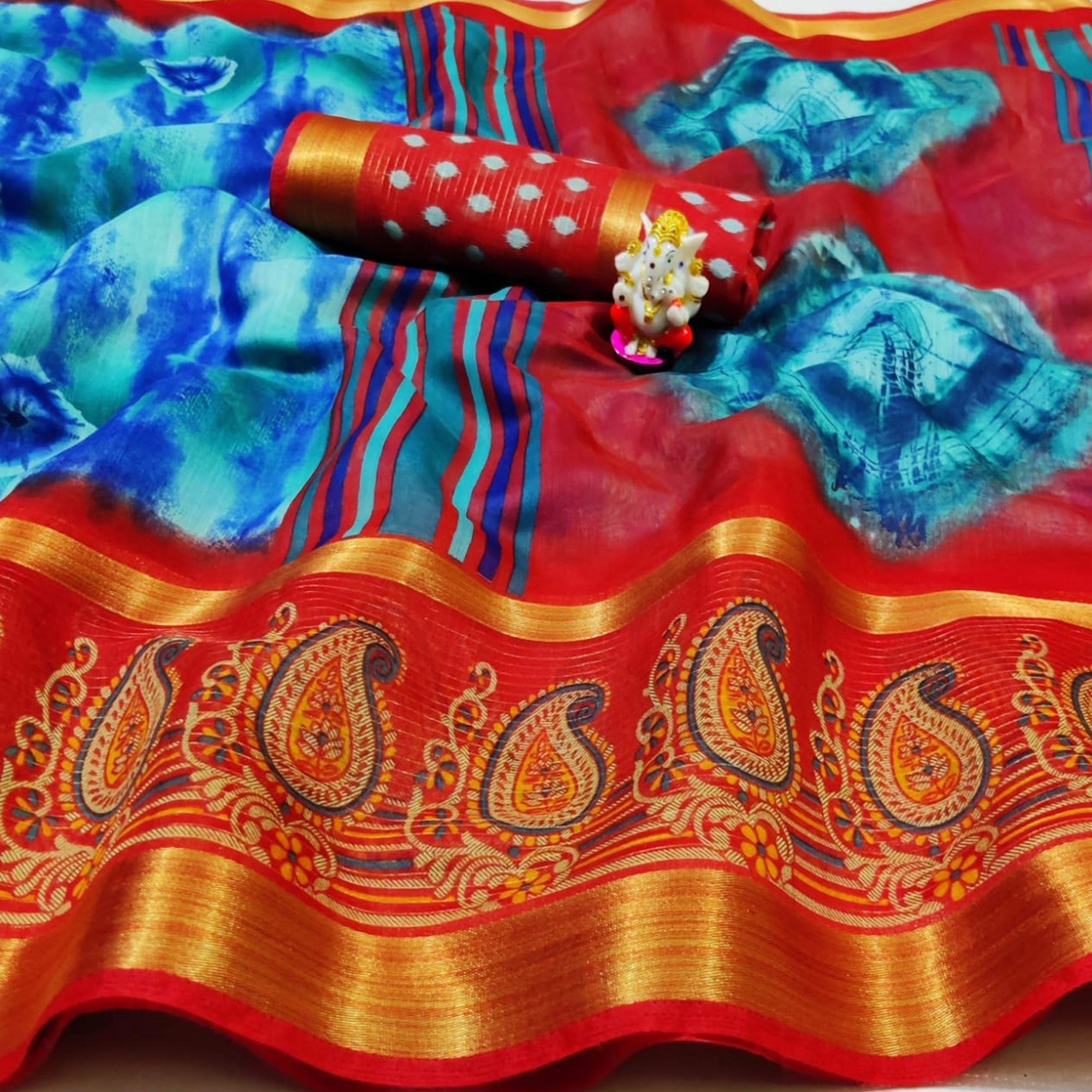 Glowing Blue Colored Casual Wear Printed Cotton Saree - Peachmode