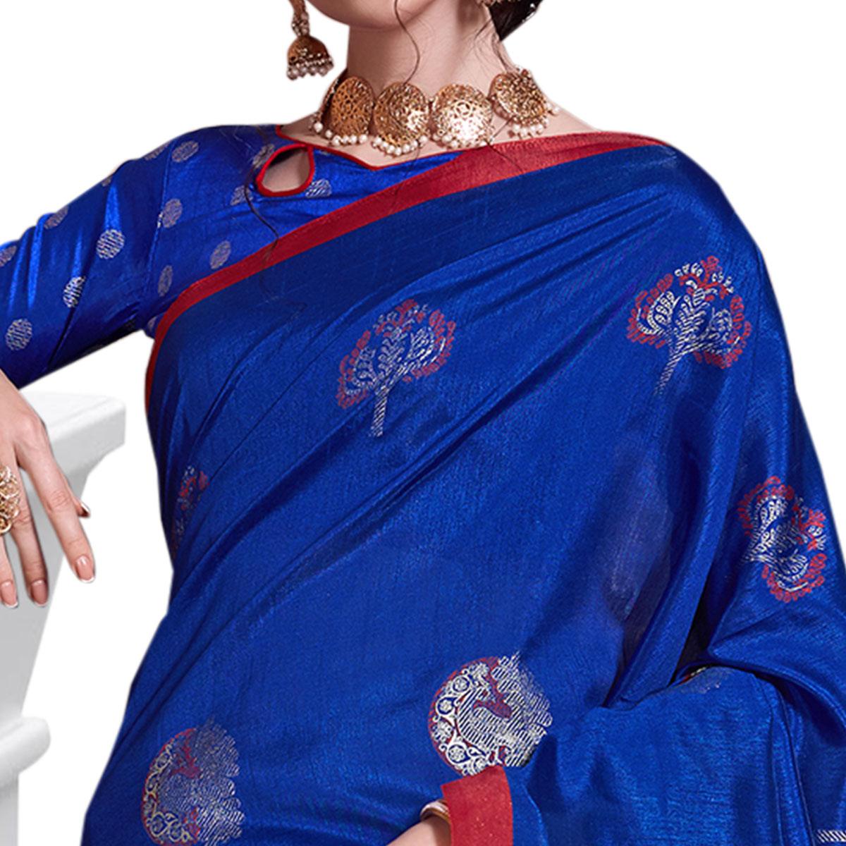 Glowing Blue Colored Festive Wear Printed Art Silk Saree - Peachmode