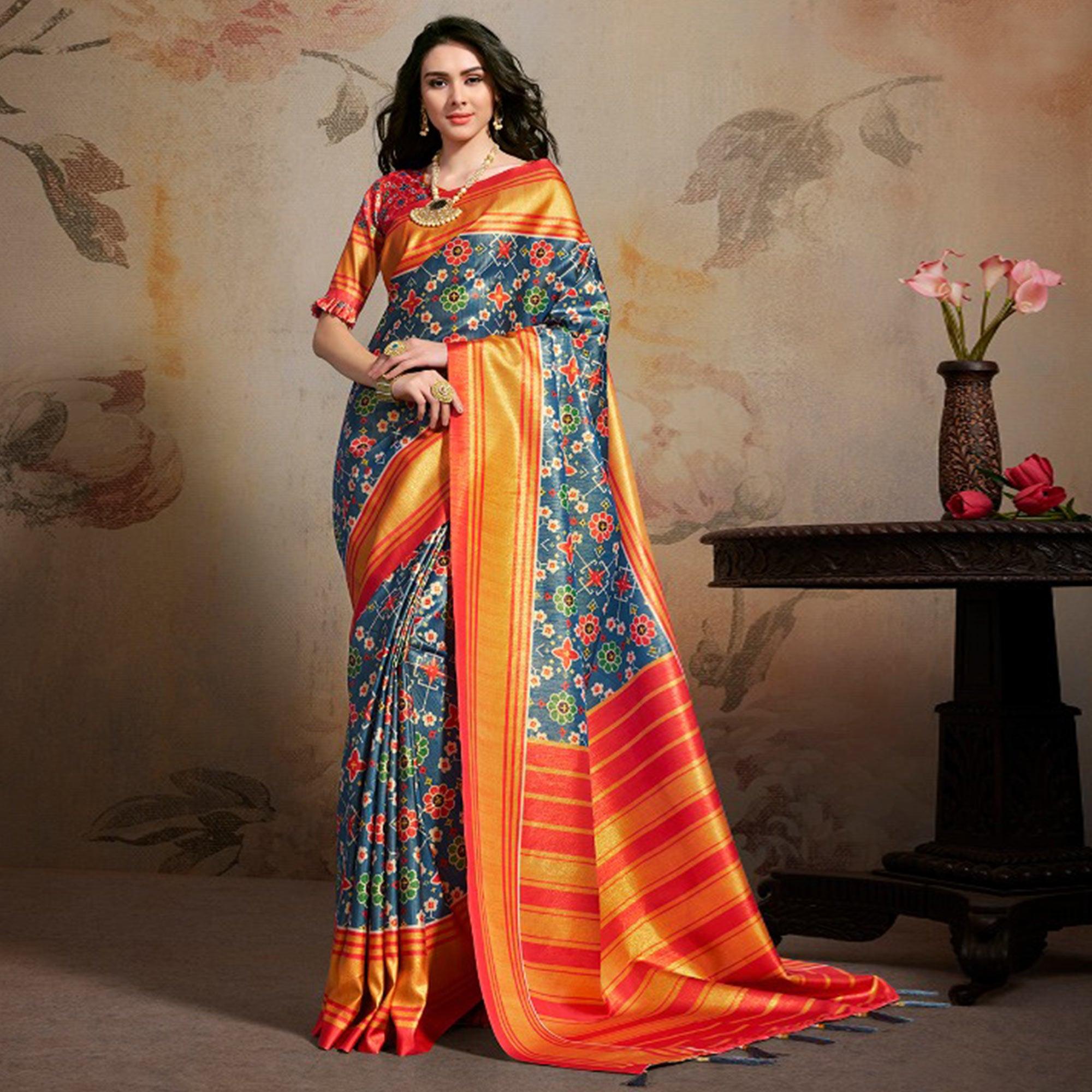 Glowing Blue Colored Festive Wear Printed Silk Blend Saree With Tassels - Peachmode