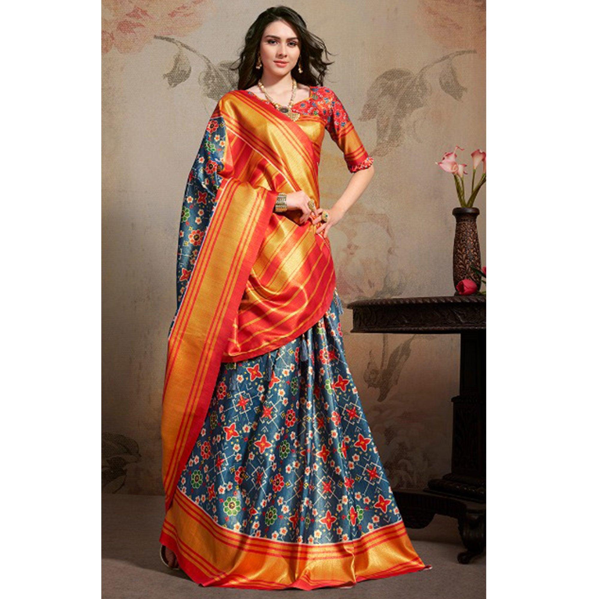 Glowing Blue Colored Festive Wear Printed Silk Blend Saree With Tassels - Peachmode