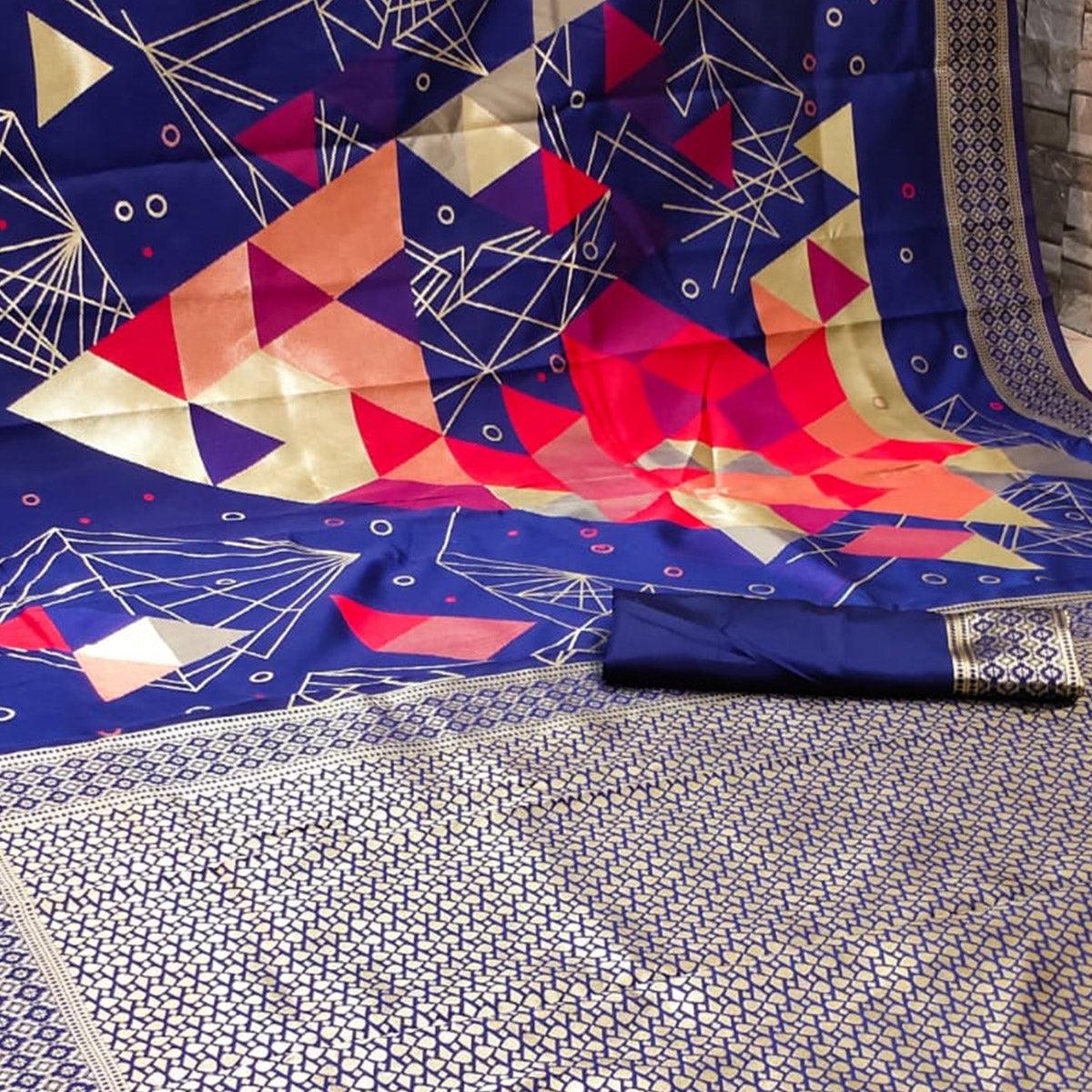 Glowing Blue Colored Festive Wear Woven Banarasi Silk Saree - Peachmode