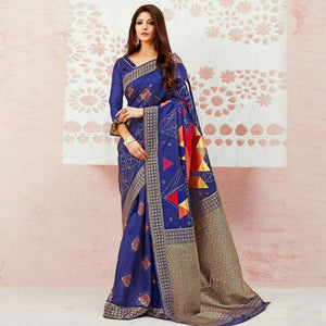 Glowing Blue Colored Festive Wear Woven Banarasi Silk Saree - Peachmode