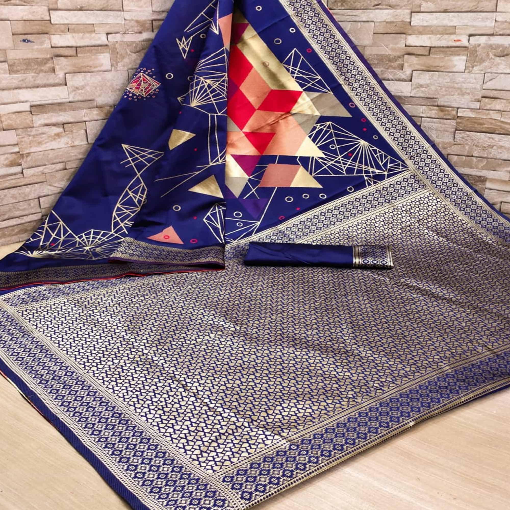 Glowing Blue Colored Festive Wear Woven Banarasi Silk Saree - Peachmode