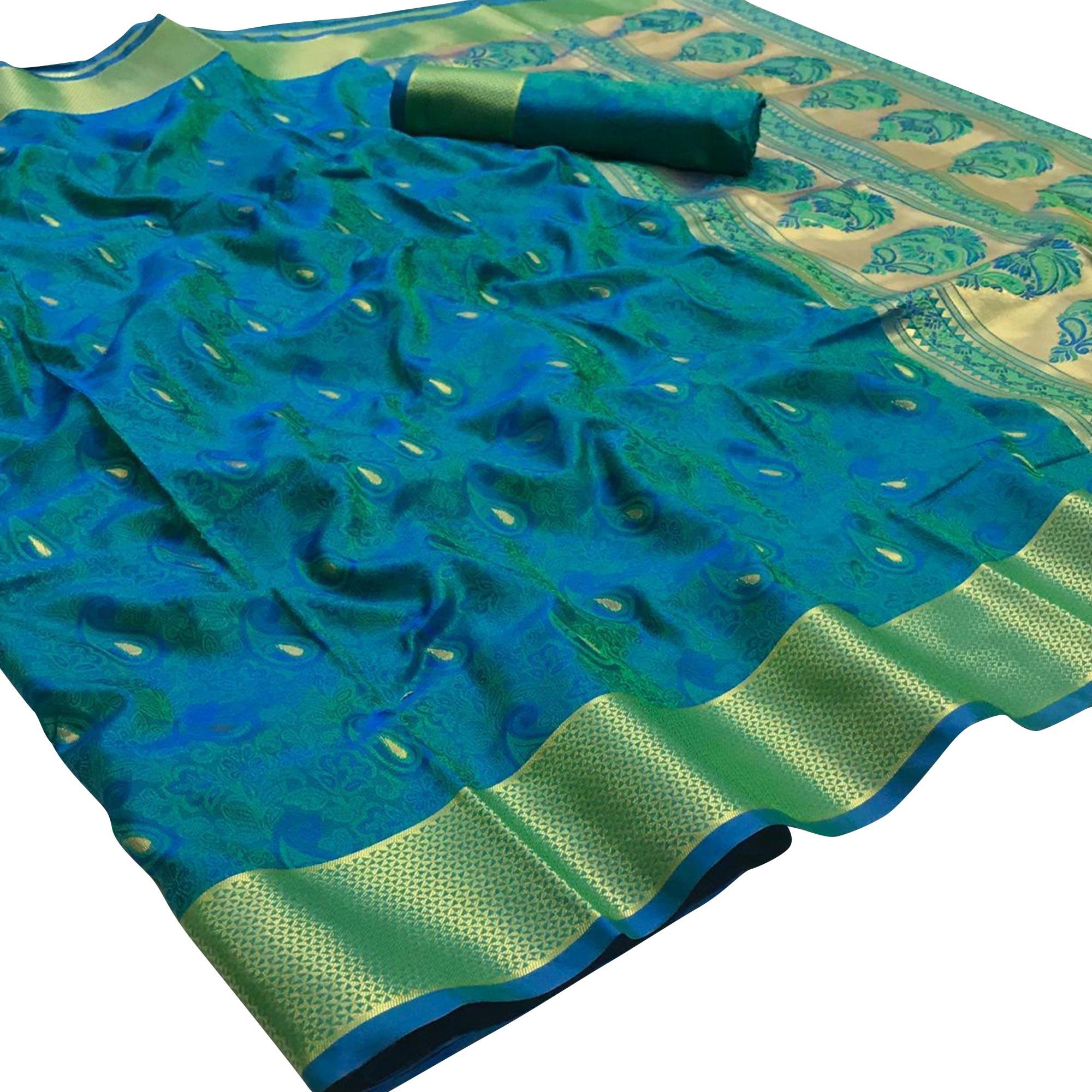 Glowing Blue Colored Festive Wear Woven Pure Kanjivaram Silk Saree - Peachmode