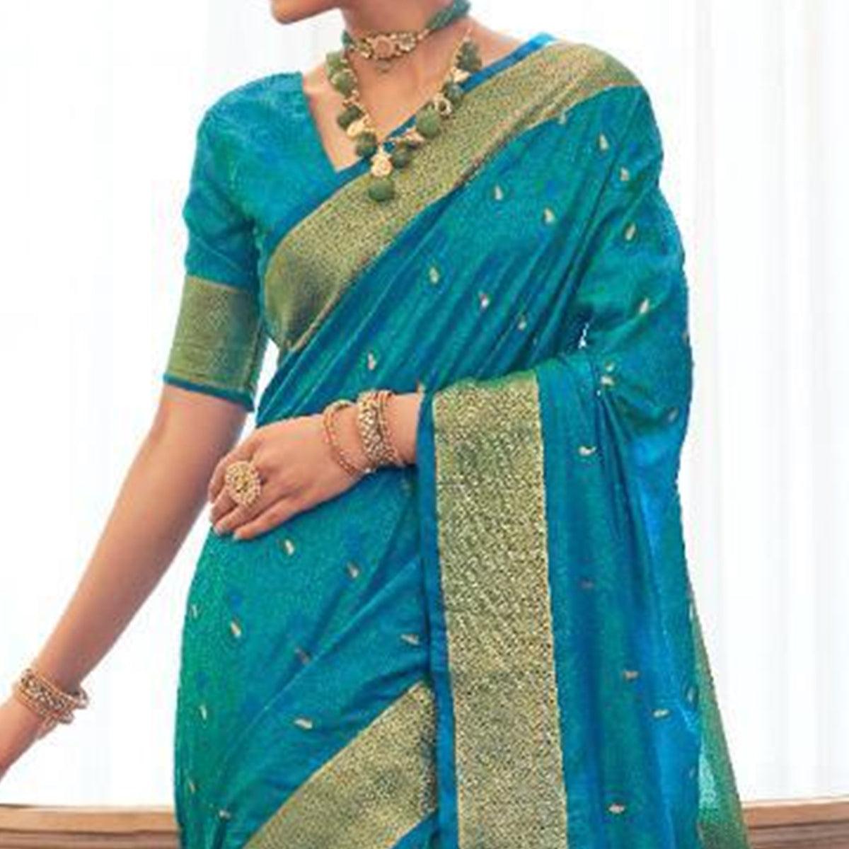 Glowing Blue Colored Festive Wear Woven Pure Kanjivaram Silk Saree - Peachmode