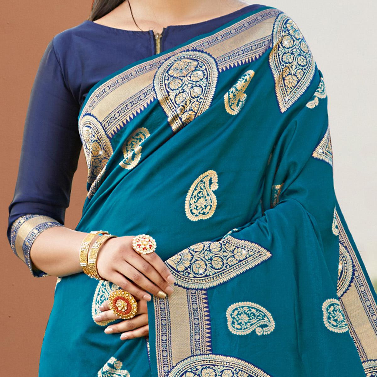 Glowing Blue Colored Festive Wear Woven Silk Saree - Peachmode