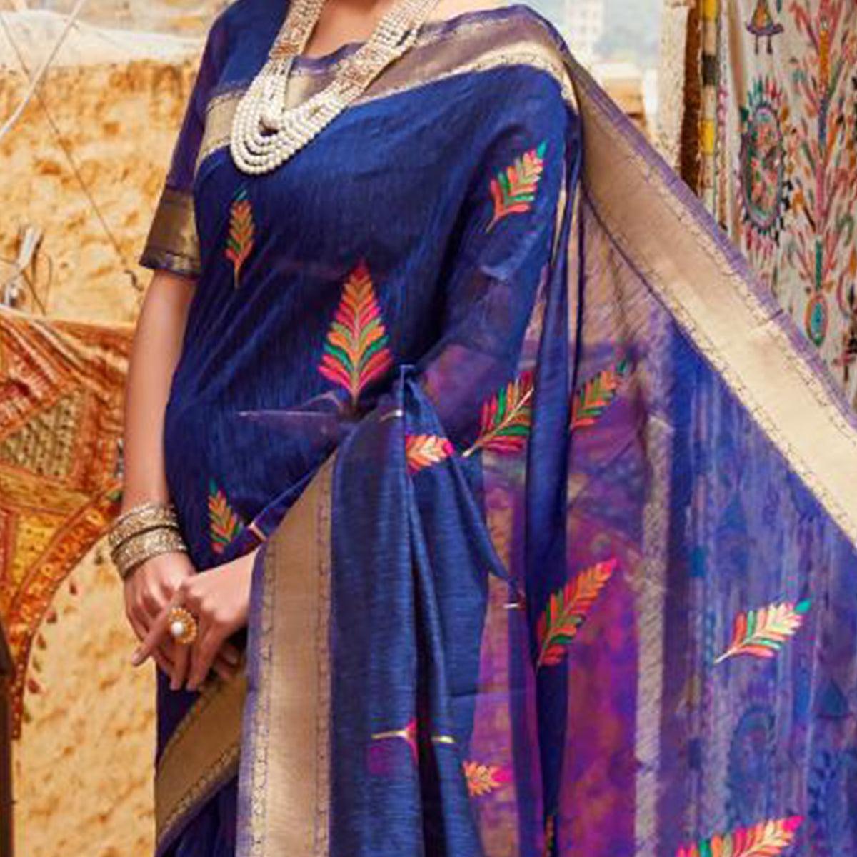 Glowing Blue Colored Partywear Printed Linen Saree - Peachmode