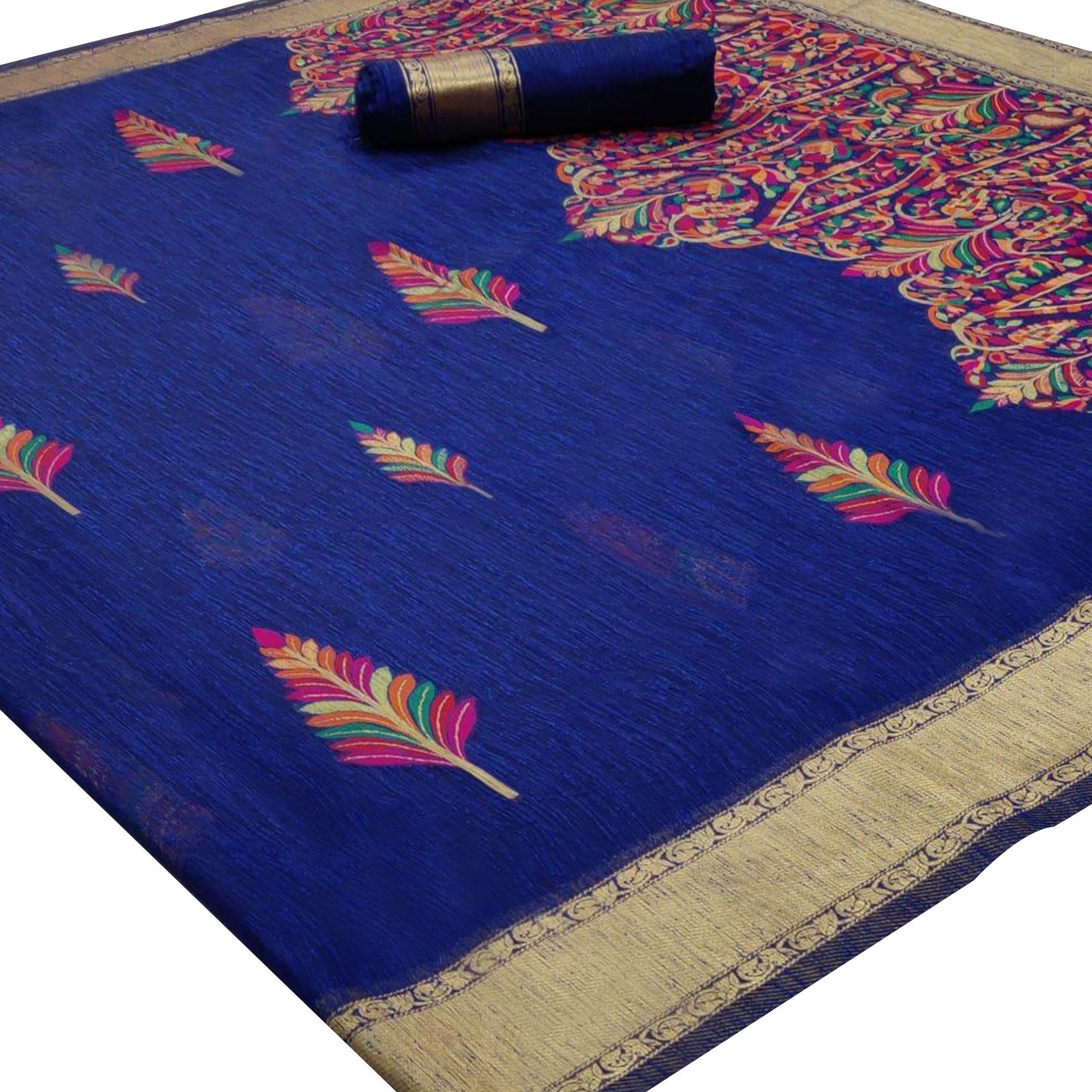 Glowing Blue Colored Partywear Printed Linen Saree - Peachmode