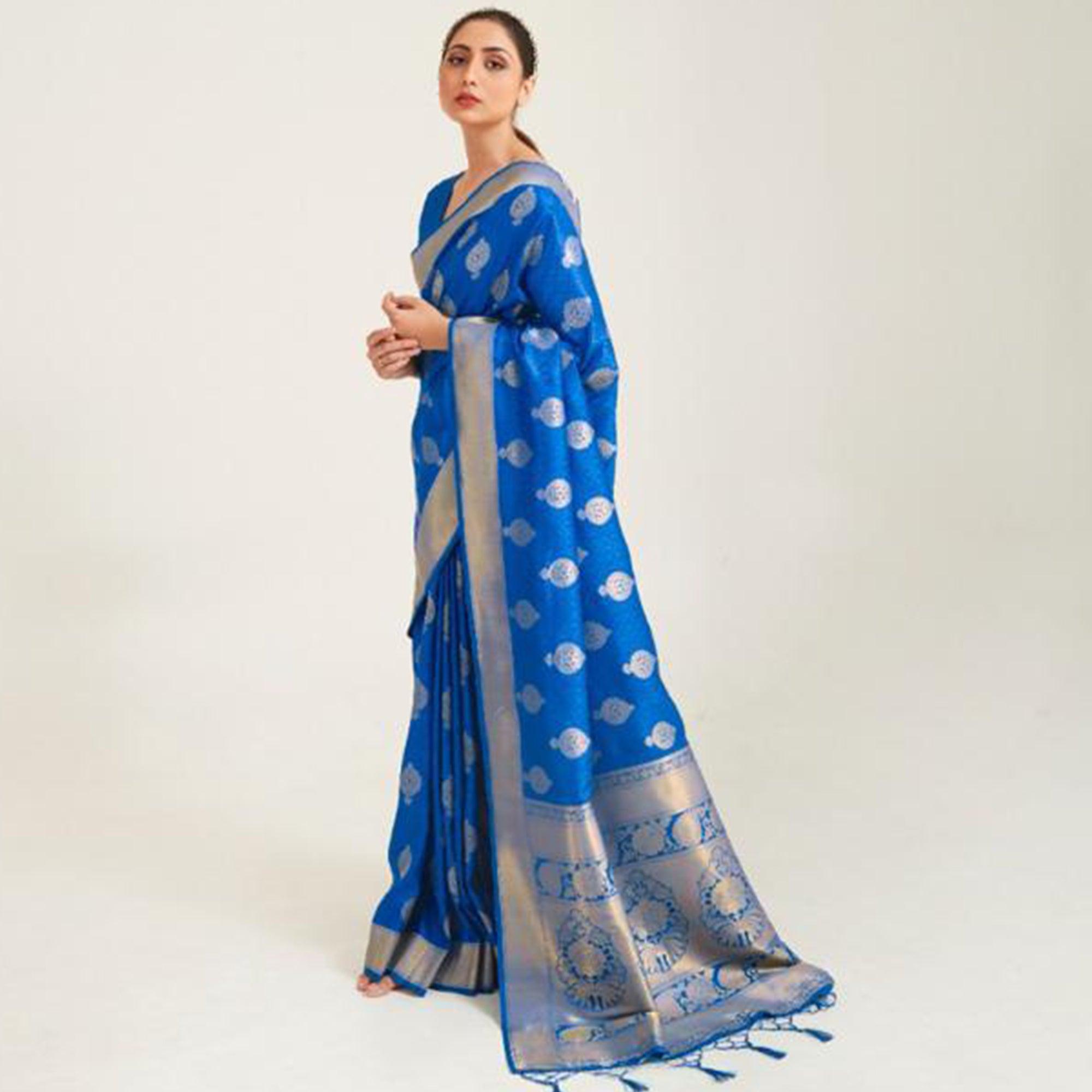Glowing Blue Coloured Festive Wear Handloom Woven Silk Saree - Peachmode