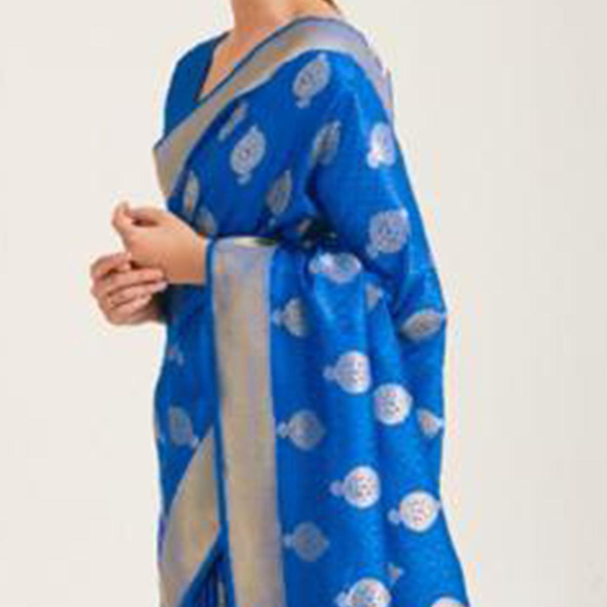 Glowing Blue Coloured Festive Wear Handloom Woven Silk Saree - Peachmode