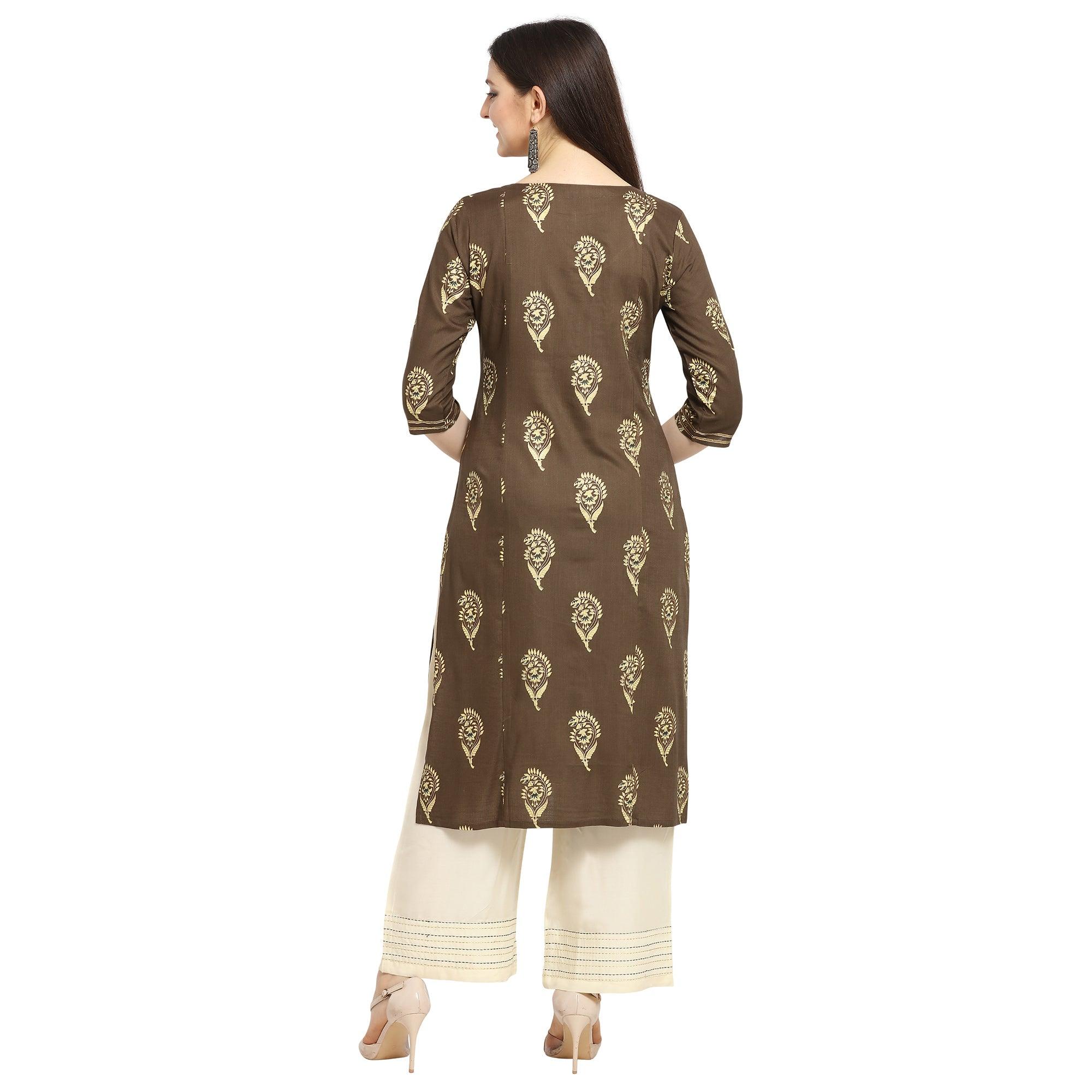 Glowing Brown Colored Casual Wear Printed Cotton Kurti-Palazzo Suit - Peachmode