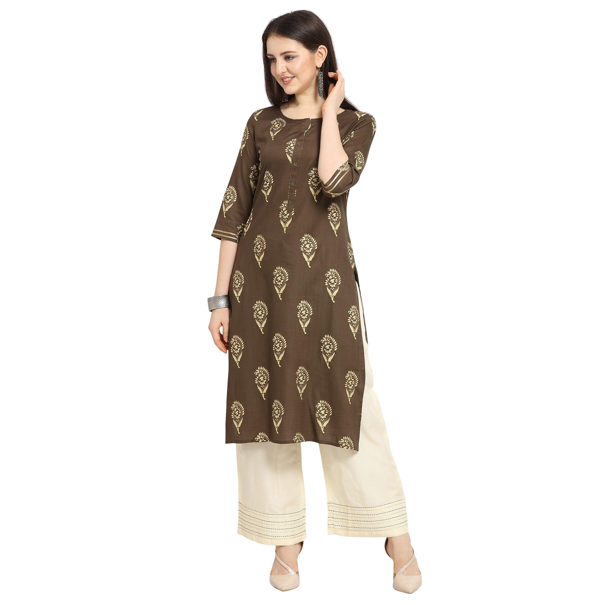 Glowing Brown Colored Casual Wear Printed Cotton Kurti-Palazzo Suit - Peachmode