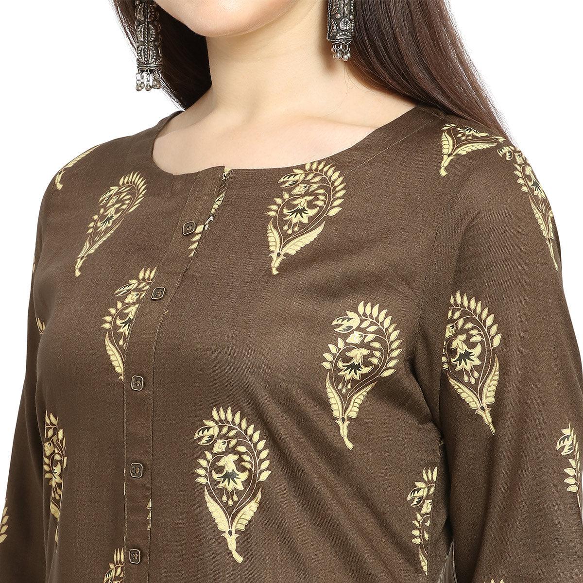 Glowing Brown Colored Casual Wear Printed Cotton Kurti-Palazzo Suit - Peachmode
