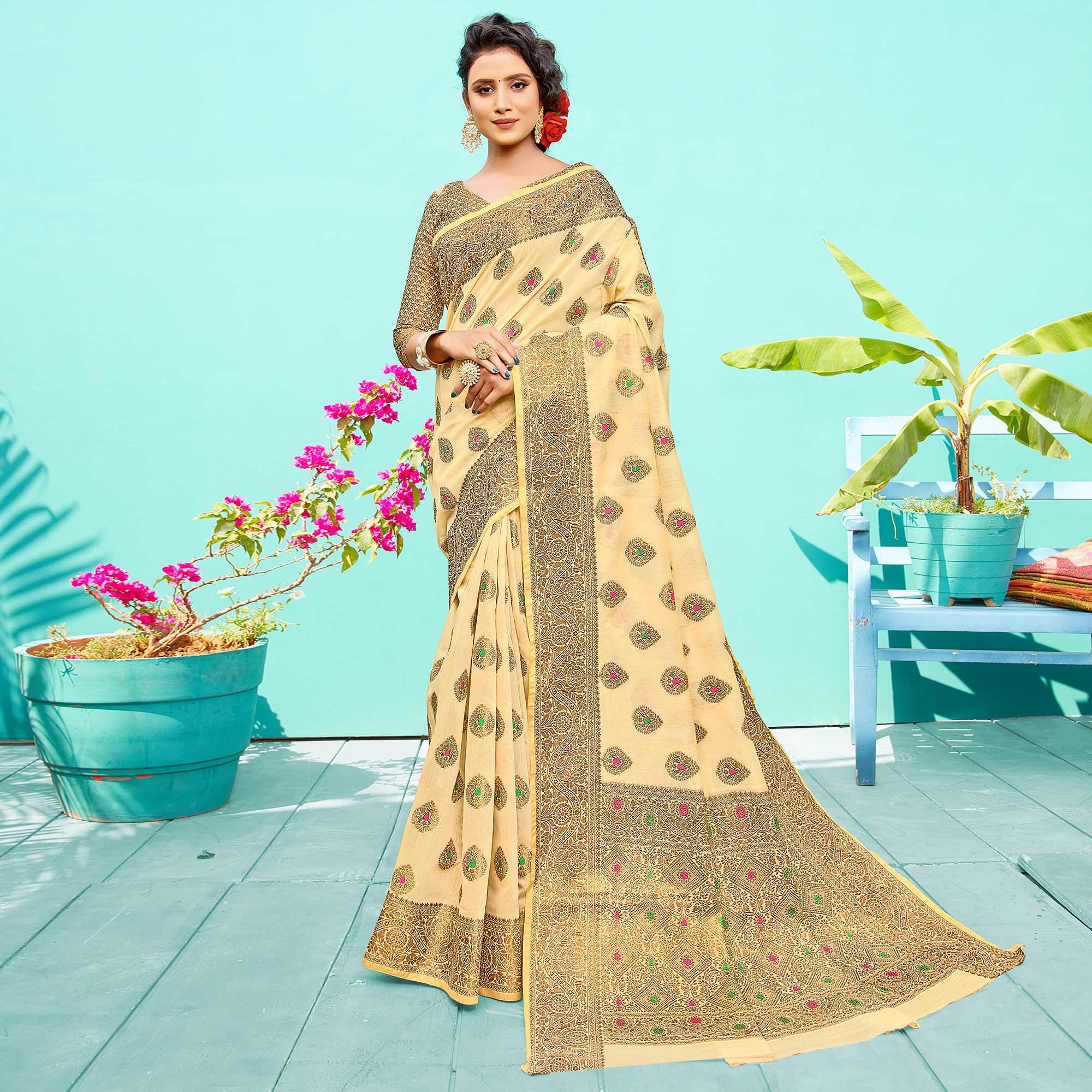 Glowing Cream Festive Wear Woven Designer Silk Saree - Peachmode