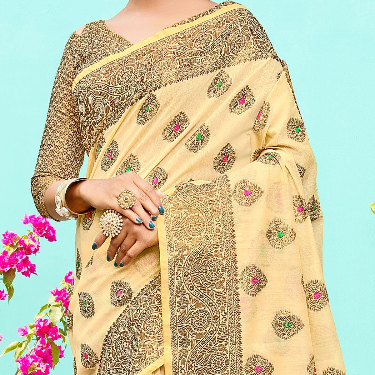 Glowing Cream Festive Wear Woven Designer Silk Saree - Peachmode