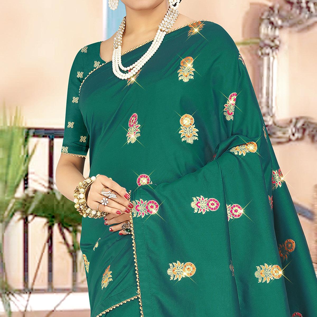 Glowing Dark Green Colored Festive Wear Woven Banarasi Silk Saree - Peachmode
