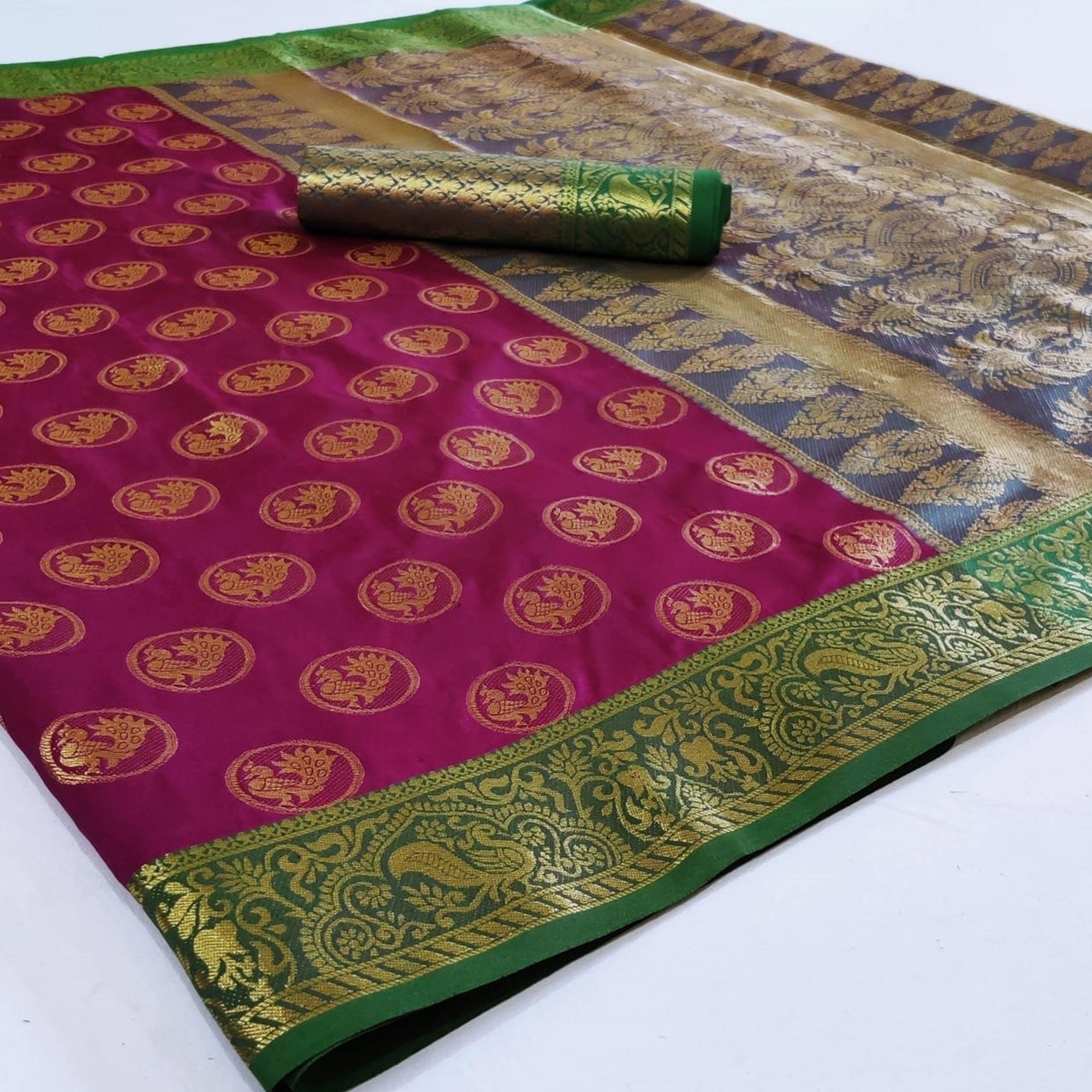 Glowing Dark Purple Colored Festive Wear Woven Heavy Silk Saree - Peachmode