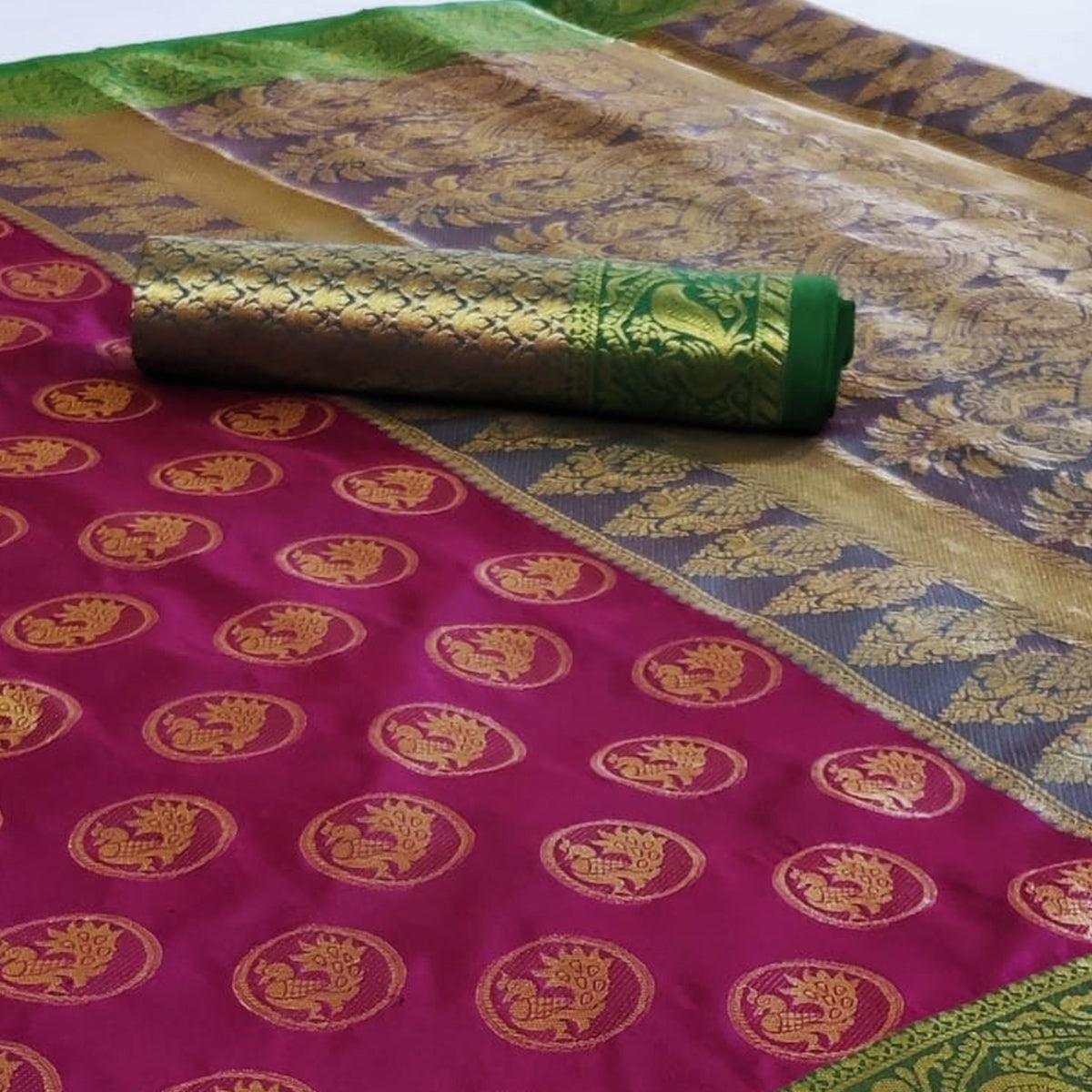 Glowing Dark Purple Colored Festive Wear Woven Heavy Silk Saree - Peachmode