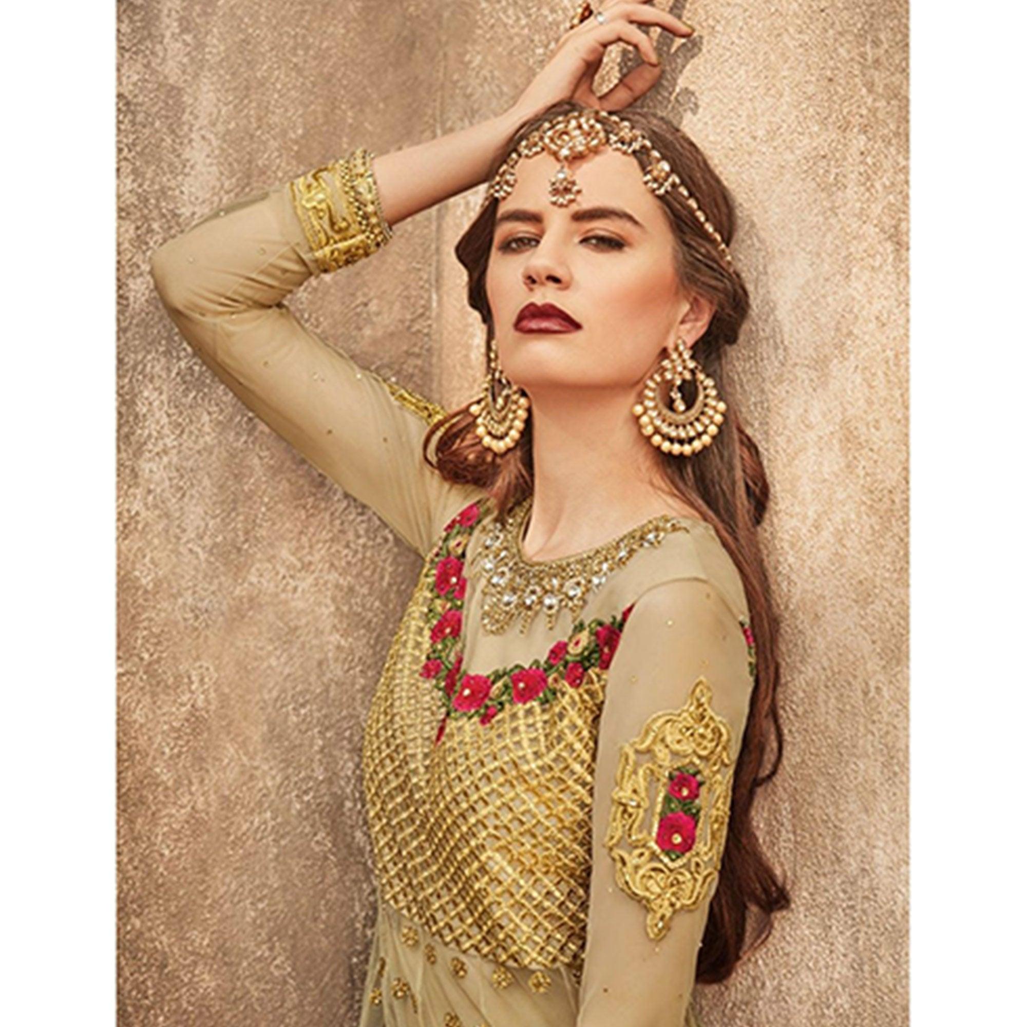 Glowing Golden-Pink Colored Party Wear Embroidered Net Lehenga Choli - Peachmode