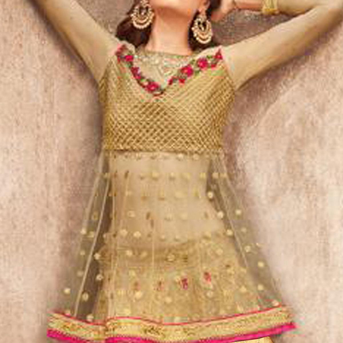 Glowing Golden-Pink Colored Party Wear Embroidered Net Lehenga Choli - Peachmode