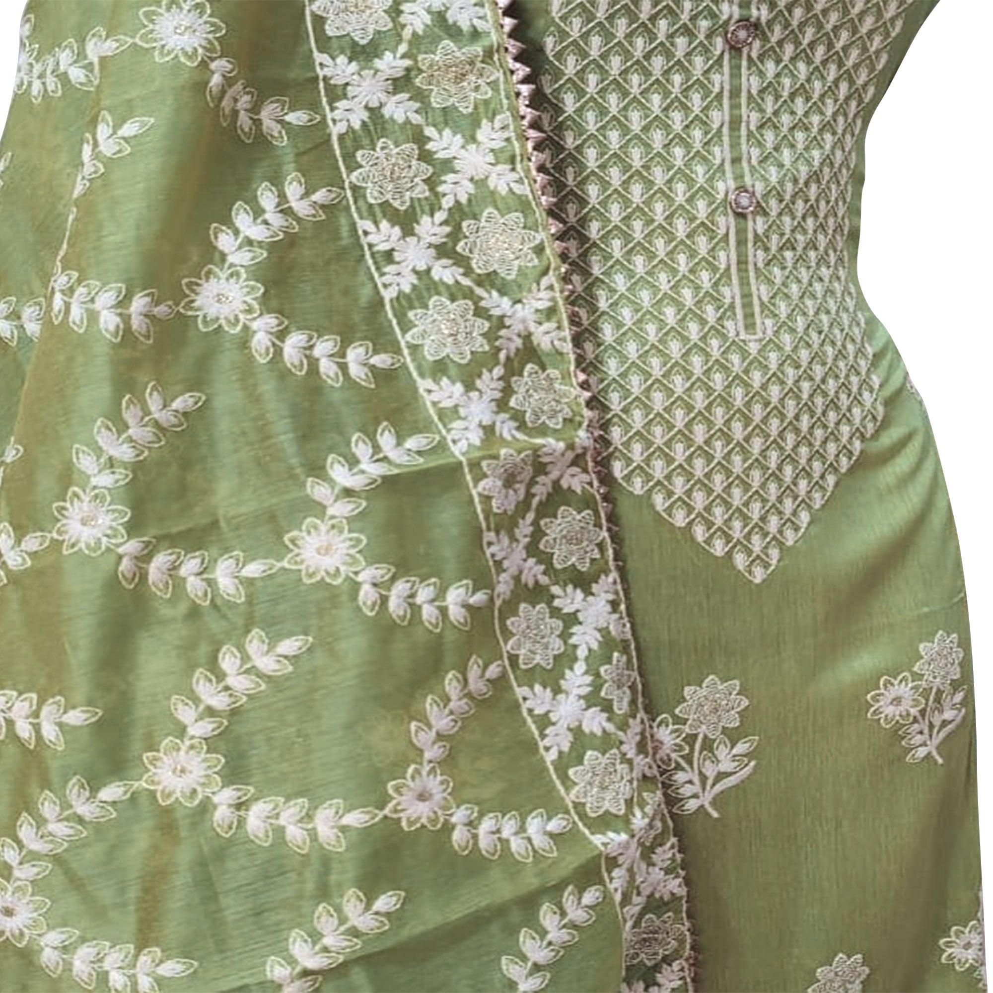 Glowing Green Colored Casual Wear Embroidered Chanderi Dress Material - Peachmode