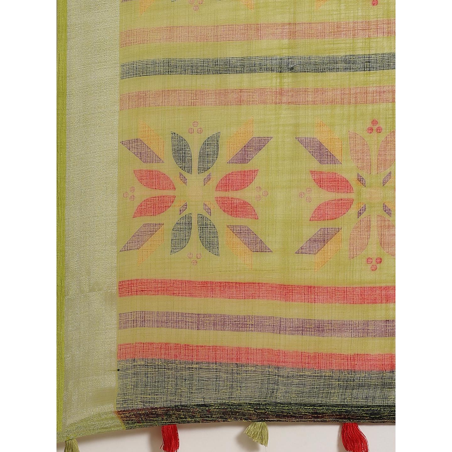 Glowing Green Colored Casual Wear Printed Linen Saree - Peachmode