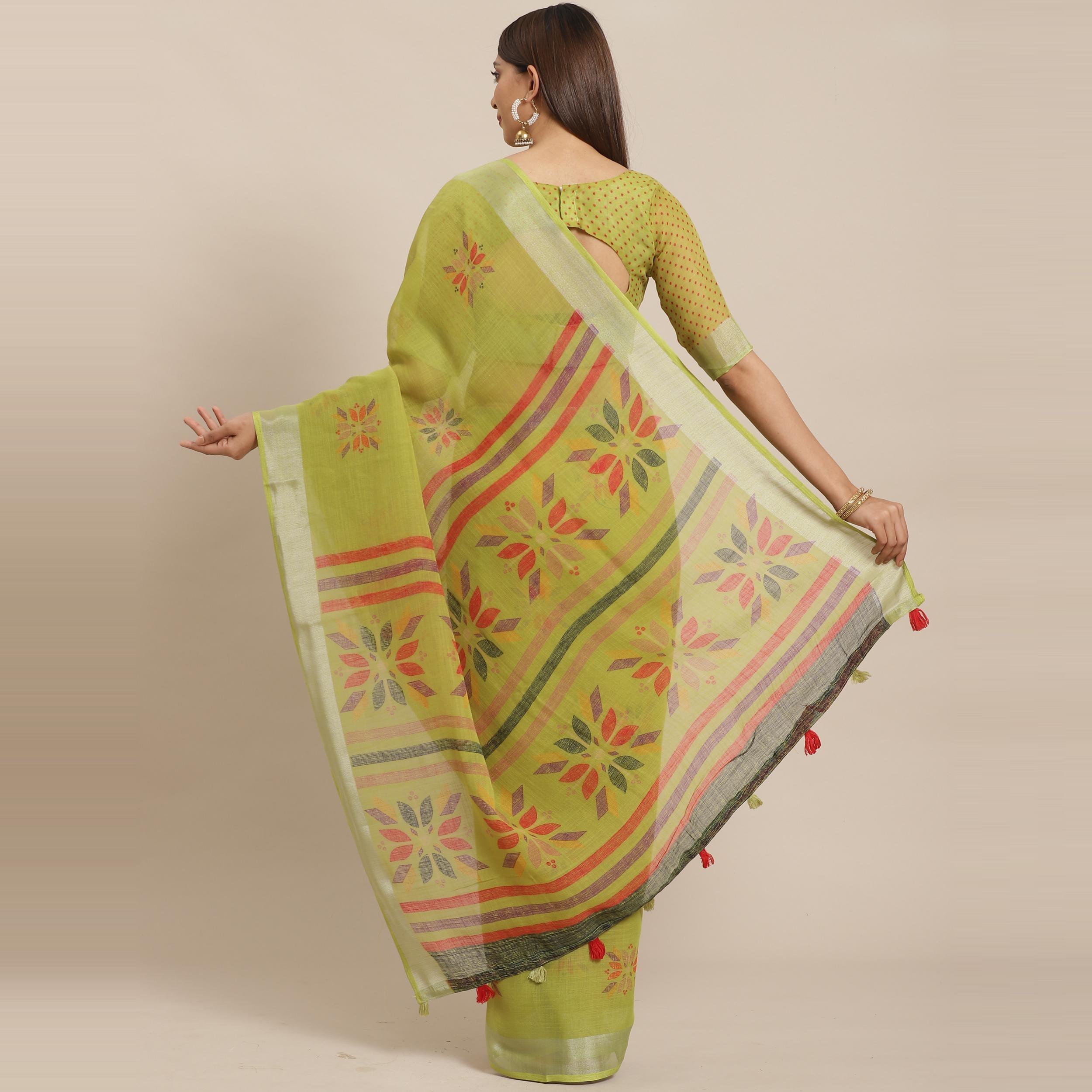 Glowing Green Colored Casual Wear Printed Linen Saree - Peachmode