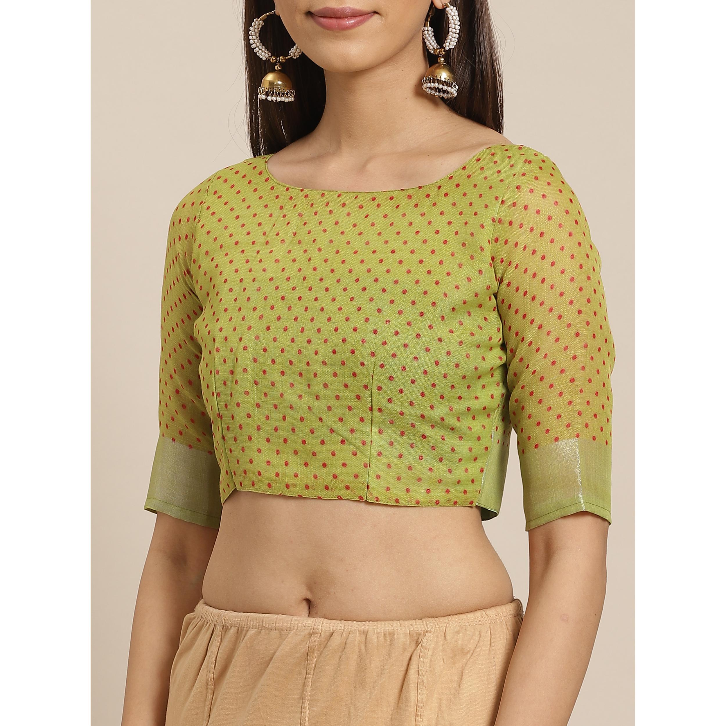 Glowing Green Colored Casual Wear Printed Linen Saree - Peachmode