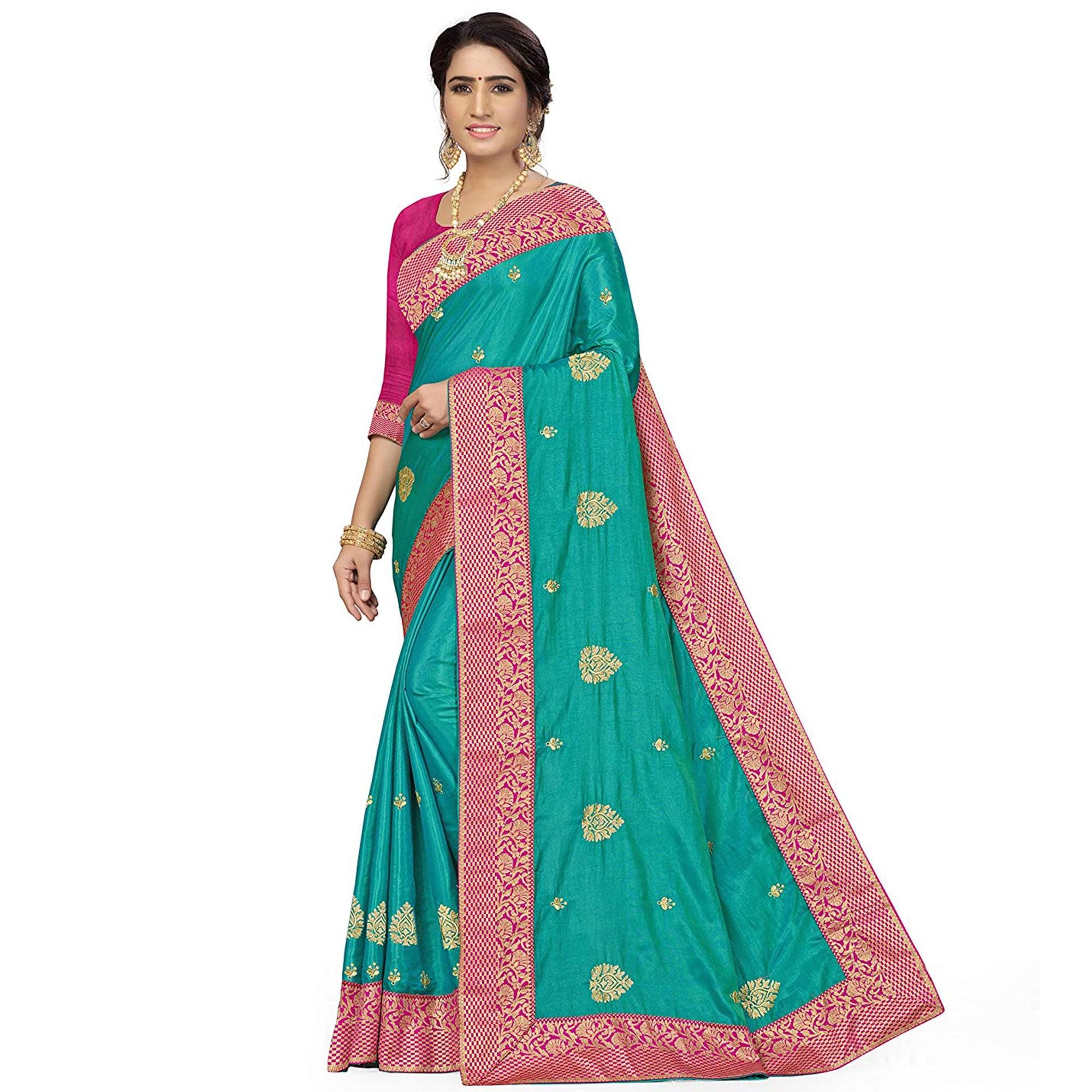 Glowing Green Colored Festive Wear Embroidered Sana Silk Saree - Peachmode