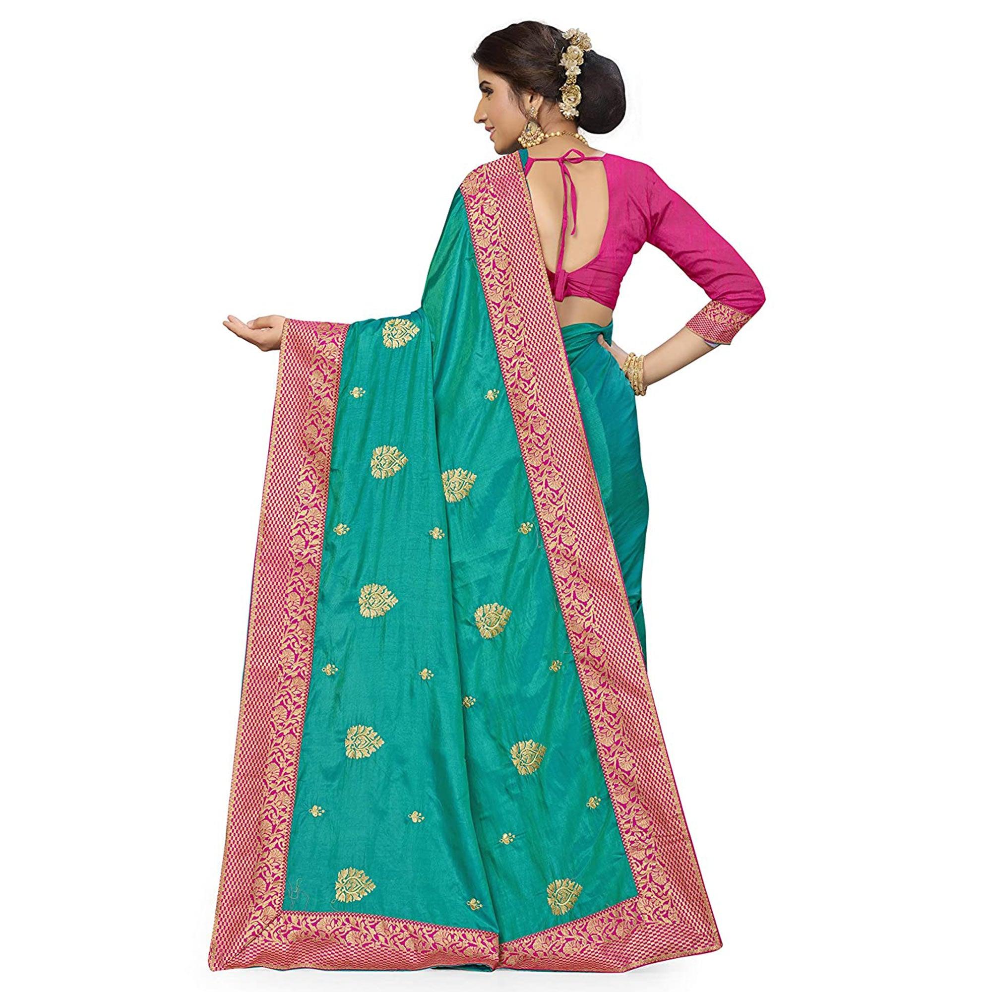 Glowing Green Colored Festive Wear Embroidered Sana Silk Saree - Peachmode