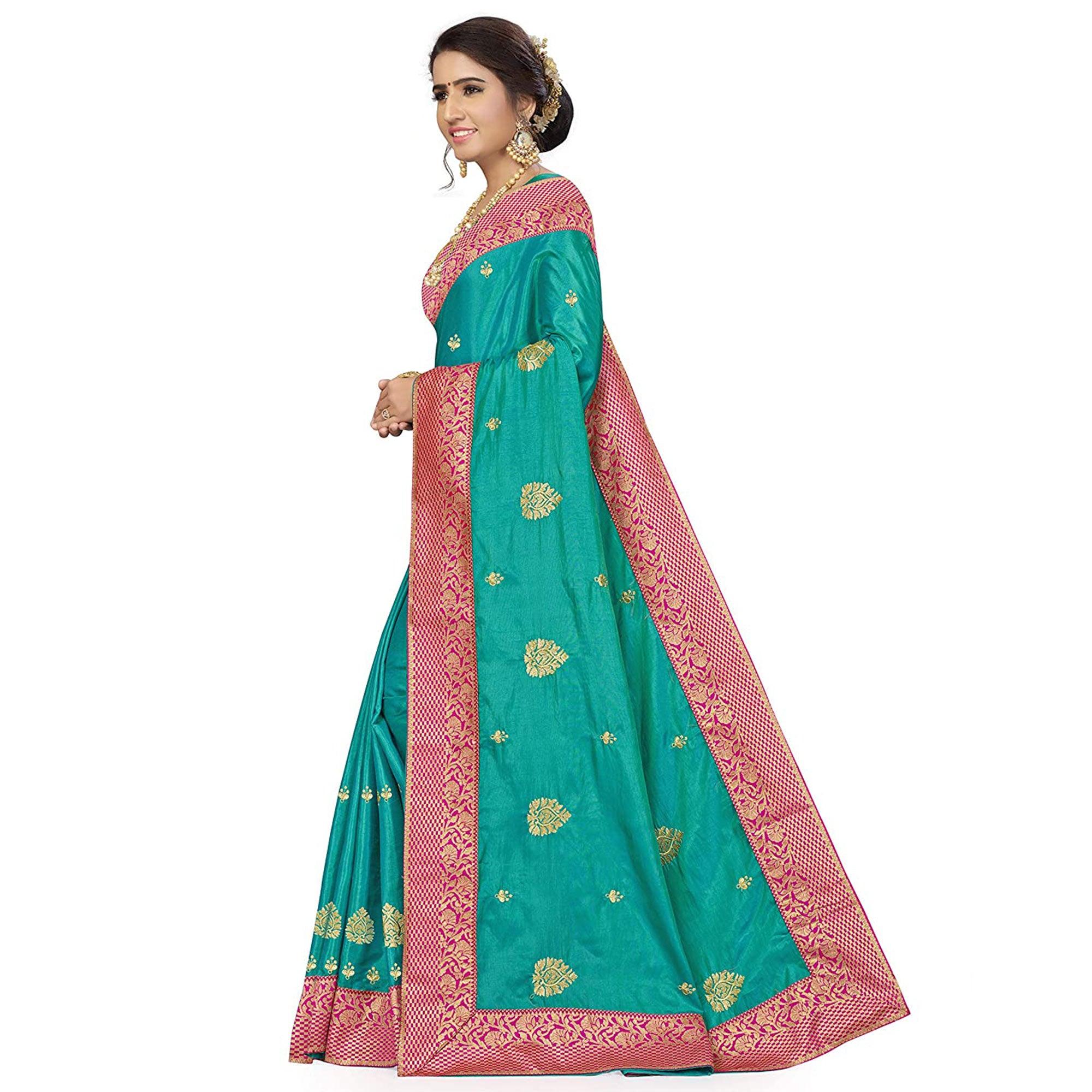 Glowing Green Colored Festive Wear Embroidered Sana Silk Saree - Peachmode