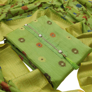 Glowing Green Colored Festive Wear Woven Heavy Banarasi Silk Dress Material - Peachmode