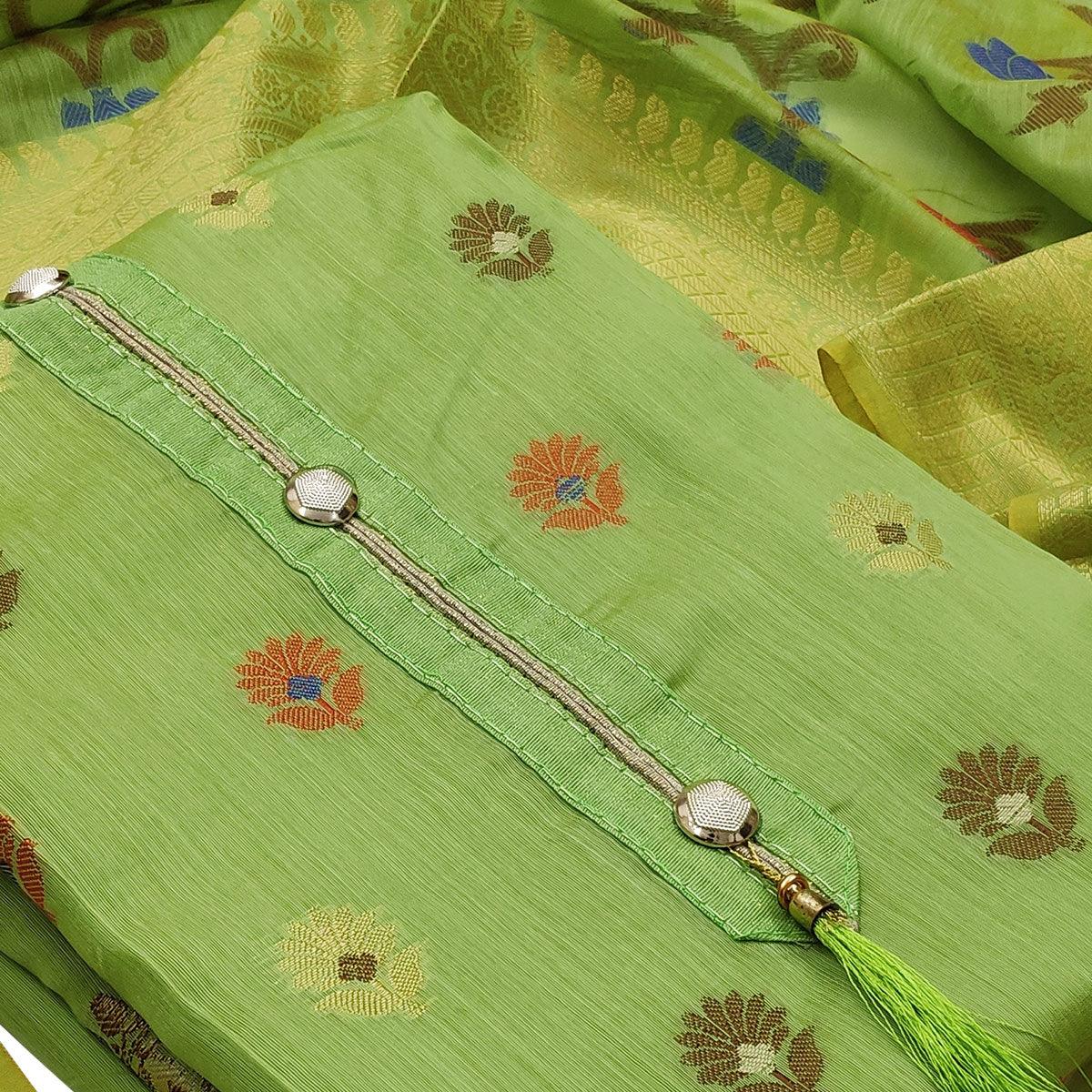 Glowing Green Colored Festive Wear Woven Heavy Banarasi Silk Dress Material - Peachmode