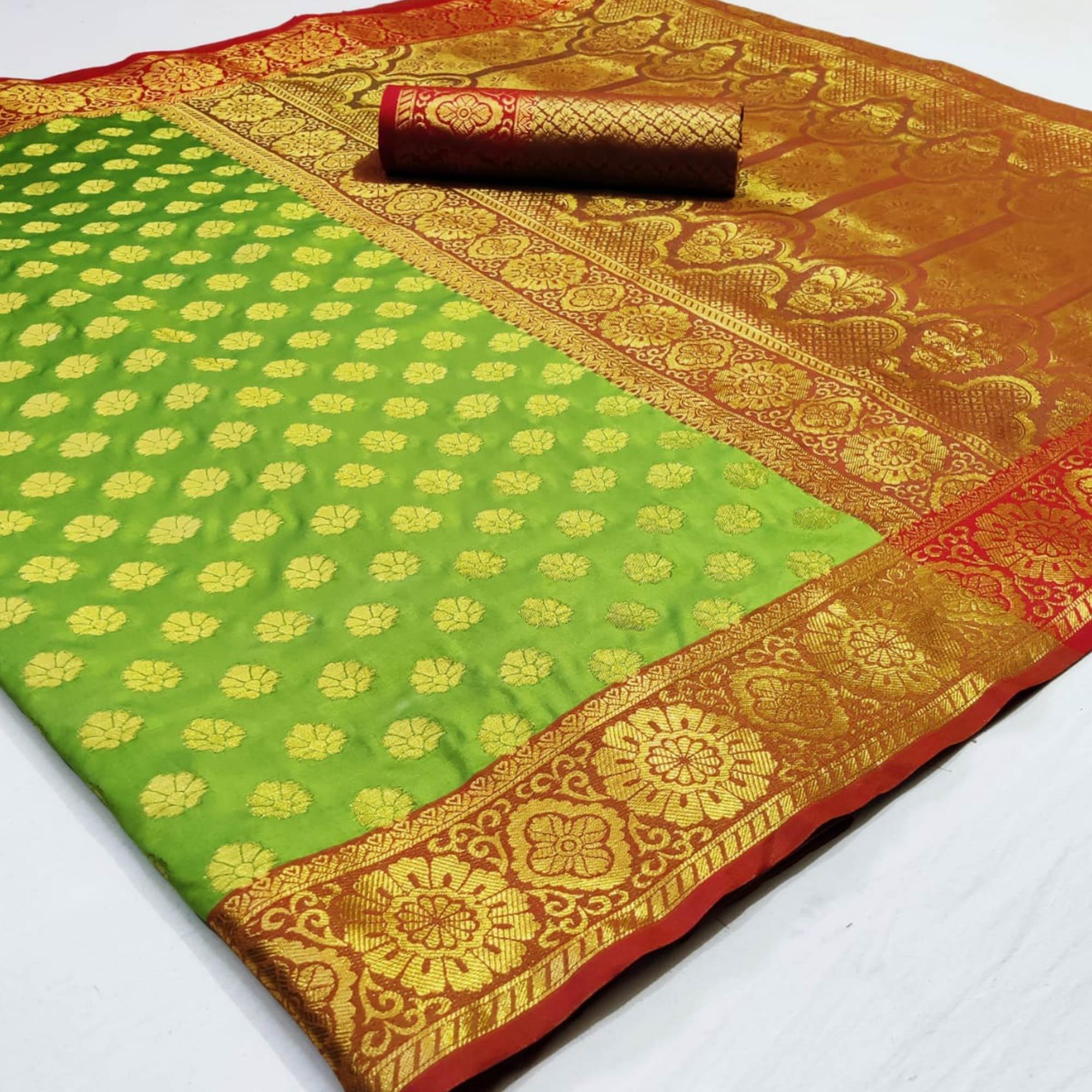 Glowing Green Colored Festive Wear Woven Heavy Silk Saree - Peachmode