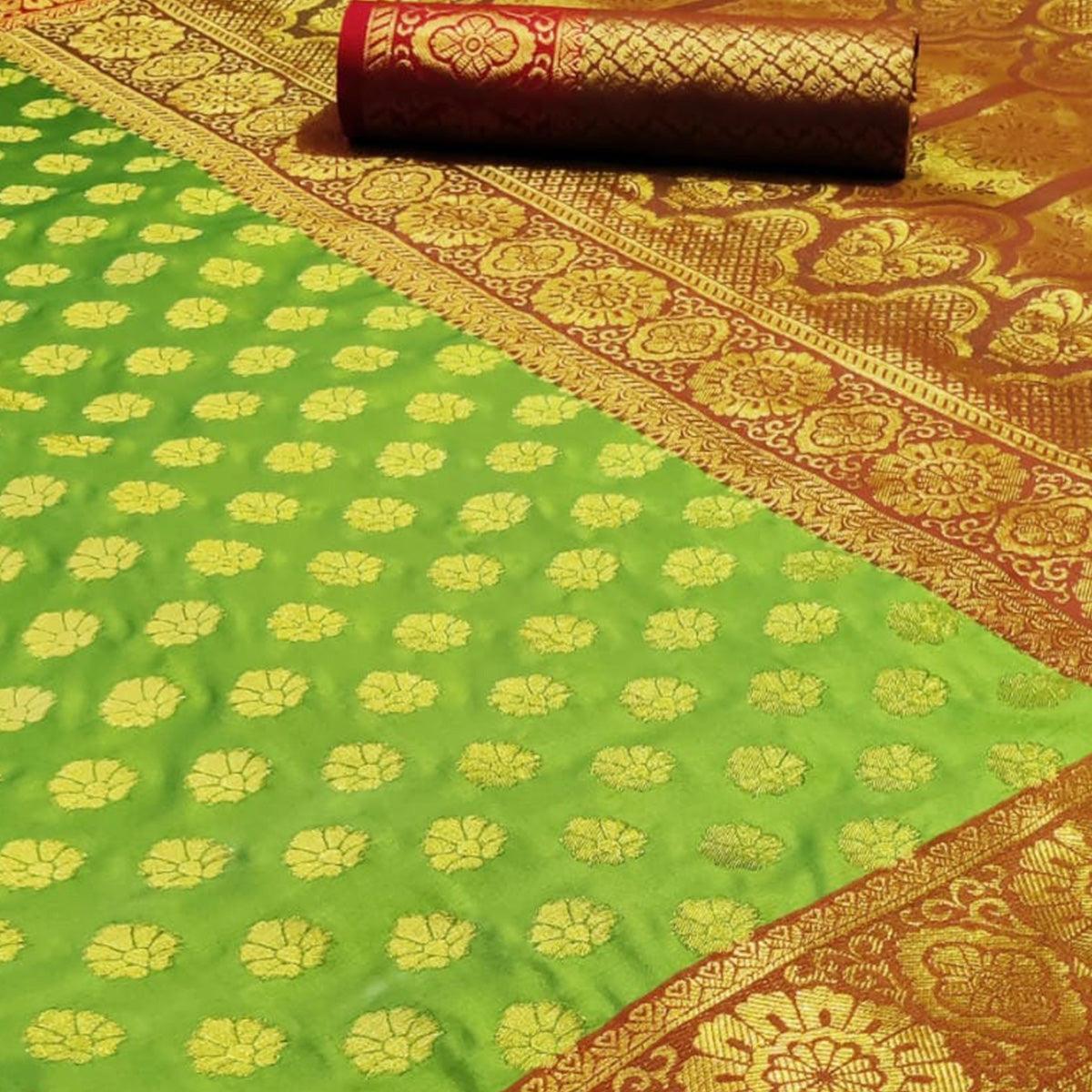 Glowing Green Colored Festive Wear Woven Heavy Silk Saree - Peachmode