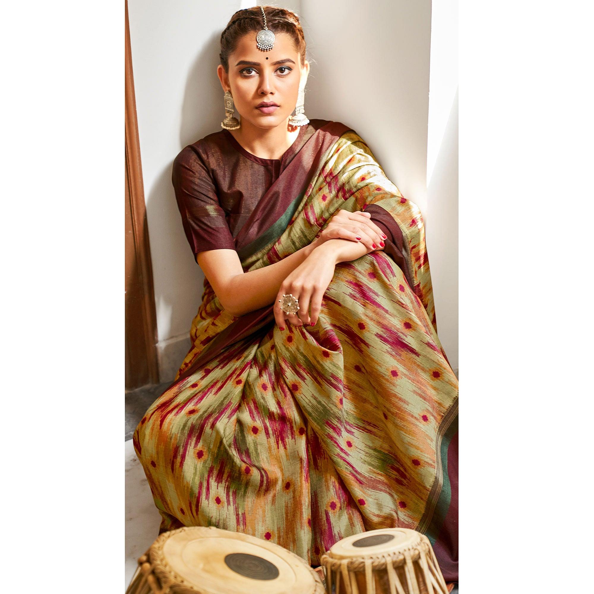 Glowing Green Coloured Partywear Woven Silk Saree - Peachmode