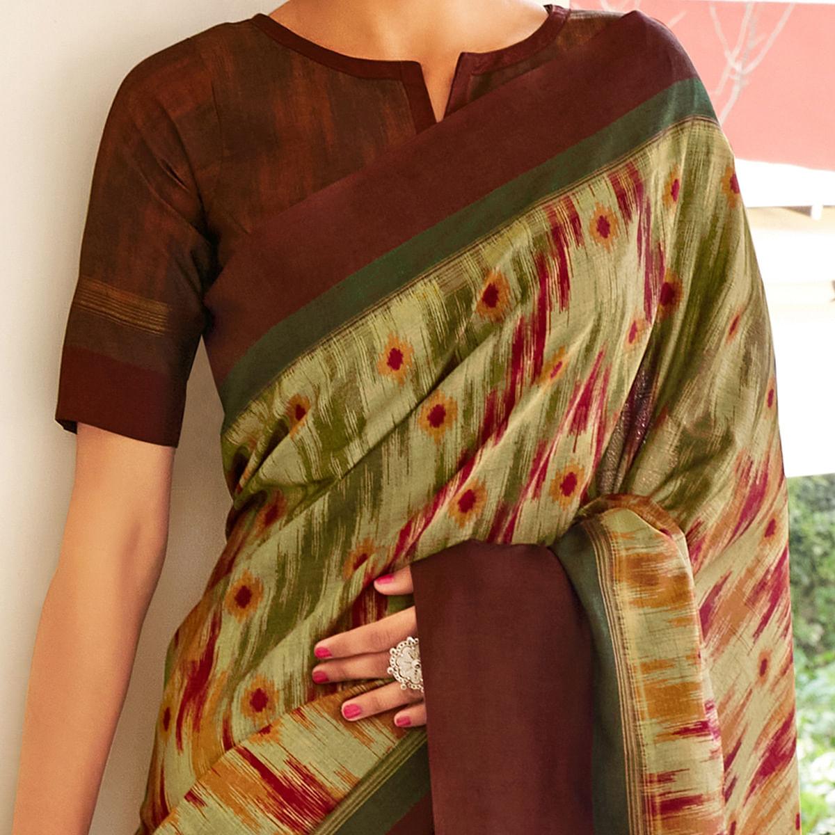Glowing Green Coloured Partywear Woven Silk Saree - Peachmode