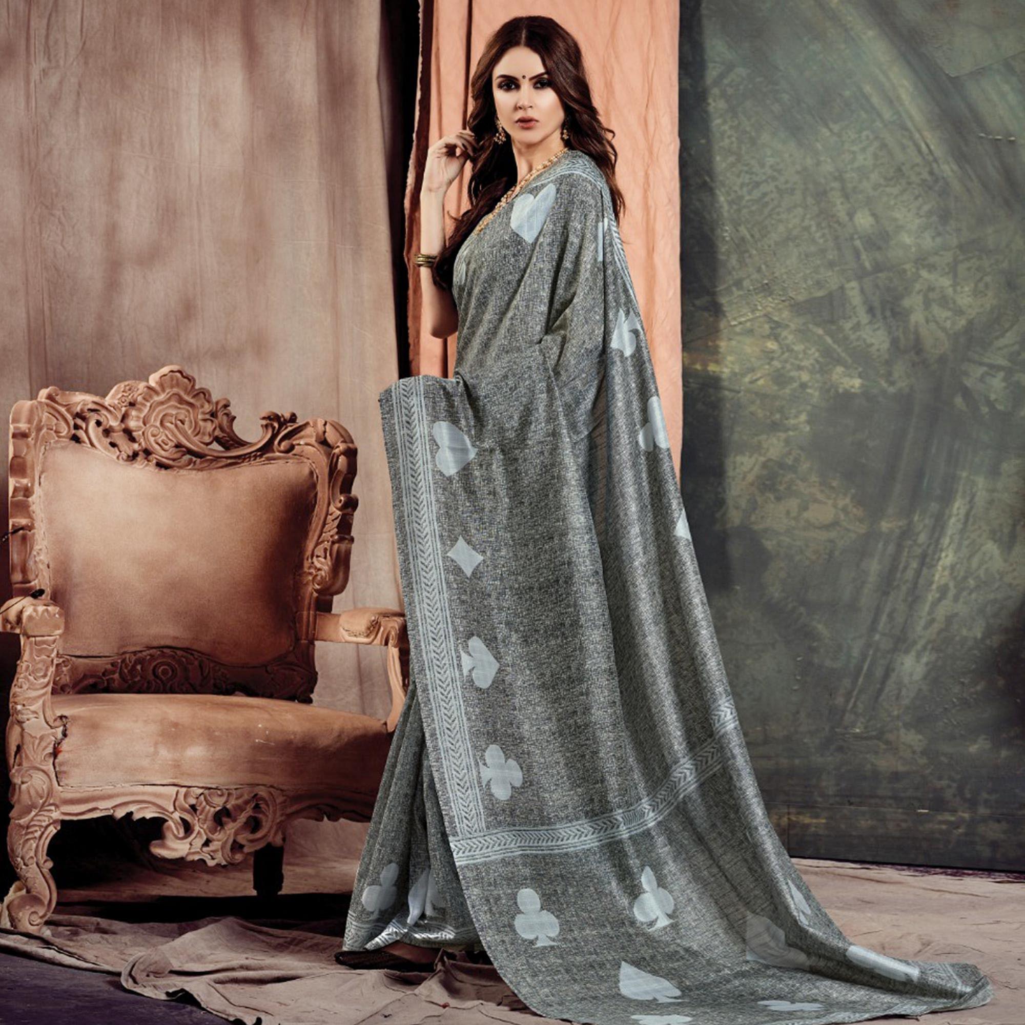Glowing Grey Colored Casual Printed Bhagalpuri Silk Saree - Peachmode