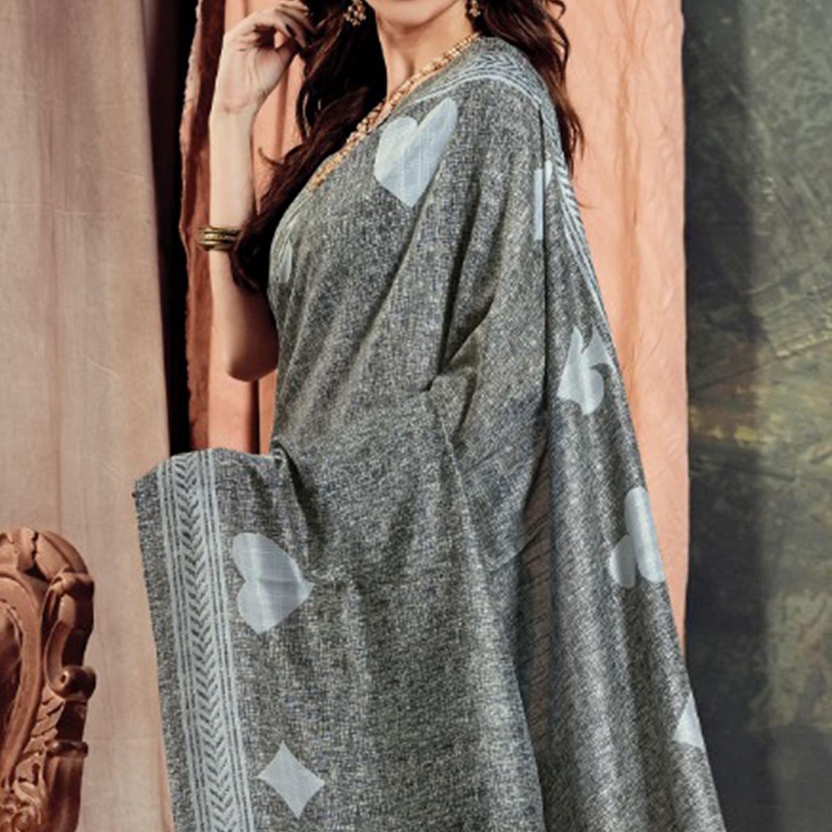 Glowing Grey Colored Casual Printed Bhagalpuri Silk Saree - Peachmode